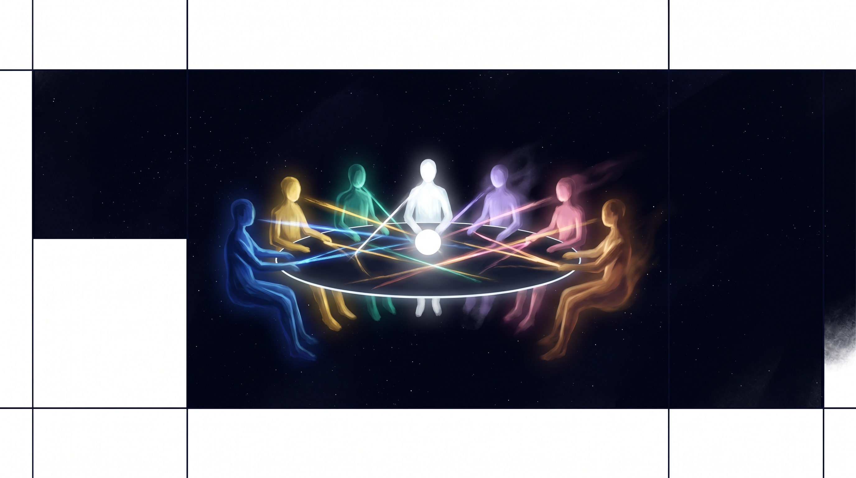Cinematic painterly deep-space scene: a luminous council chamber with seven distinct glowing agent-figures seated in a ring, each a different color, deliberately disagreeing; their beams of light converge on a central table where a single bright point resolves above the noise; around the ring, two of the figures are dimmer, suggesting faulty or compromised nodes, but the system still resolves a clean answer. Dark cosmic background, high contrast, surreal, no text in frame.