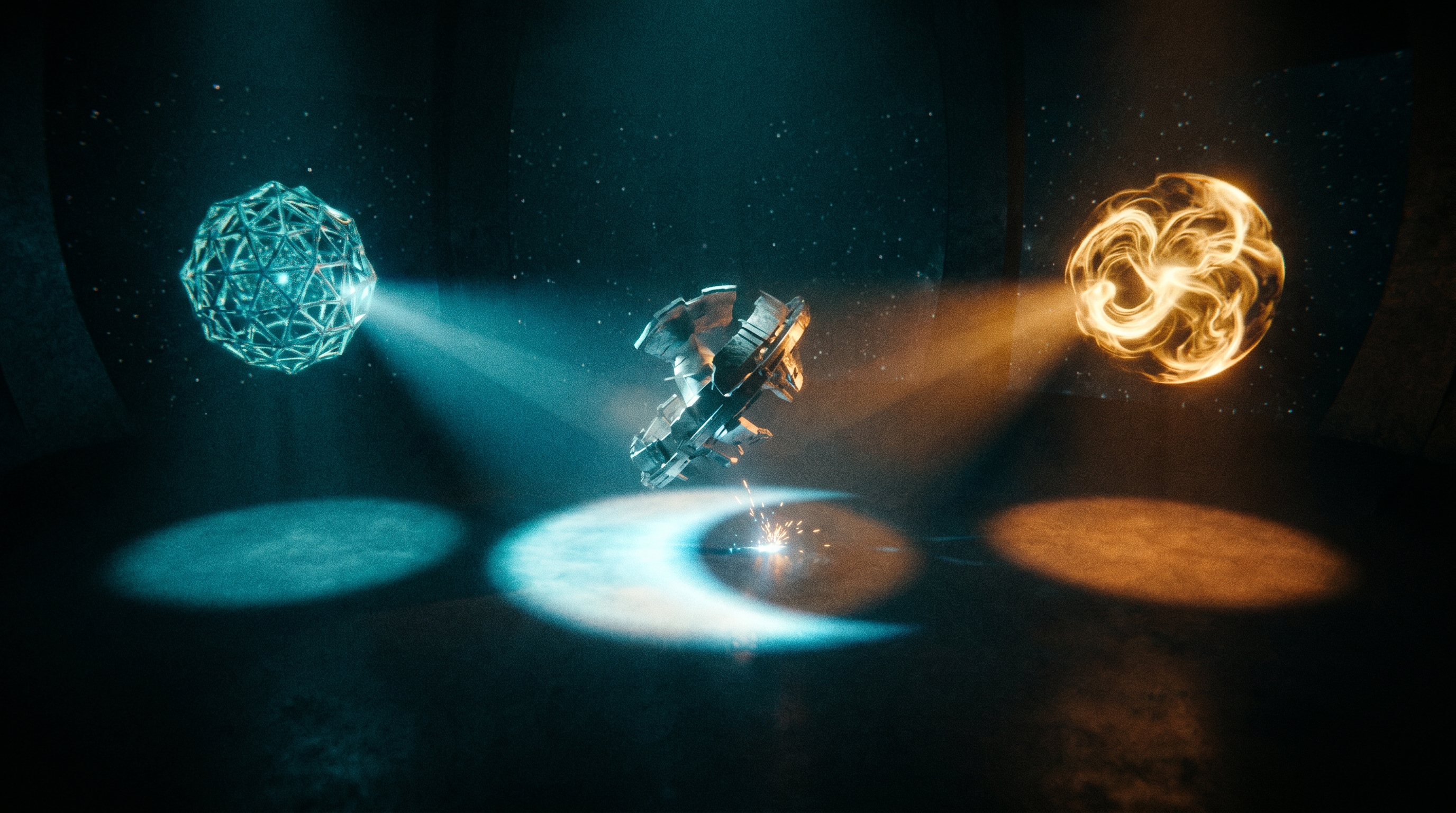 Cinematic deep-space chamber: two luminous AI minds, one teal and one orange, face each other and cast overlapping pools of light onto a shared artifact floating between them. Exactly where one mind's light cannot reach, the other's falls — together they illuminate the whole; alone neither could. A bright spark glows at the center of the overlap, as if an error has just been caught. No text in frame.
