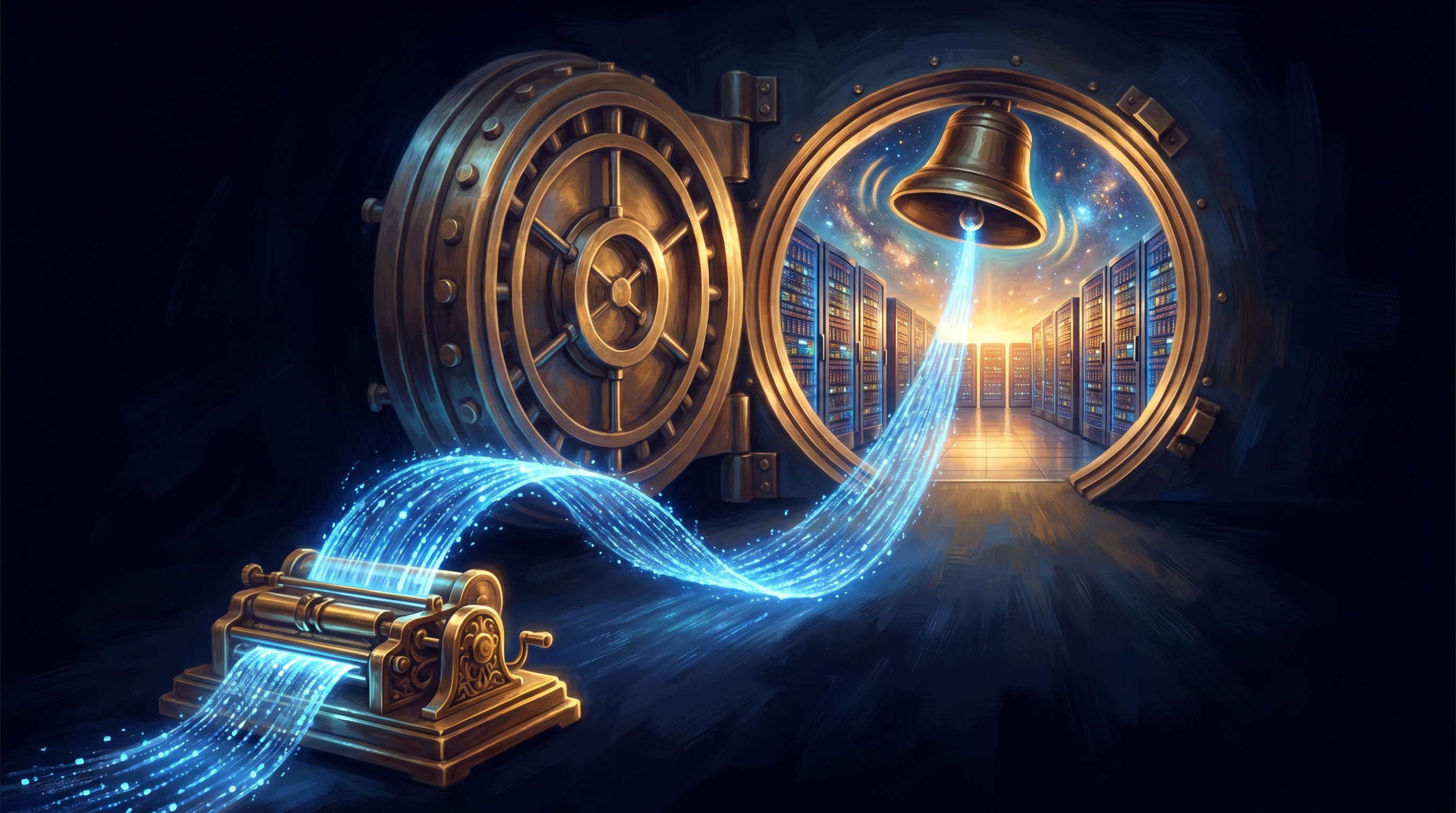 Cinematic painterly scene: a glowing antique brass telegraph ticker-tape machine in the foreground, its luminous paper ribbon unspooling into a river of electric-blue data-light that rises toward an open golden bank-vault door shaped like an opening-bell archway, through which a corridor of server racks glows like a public square at dawn. No text in frame.