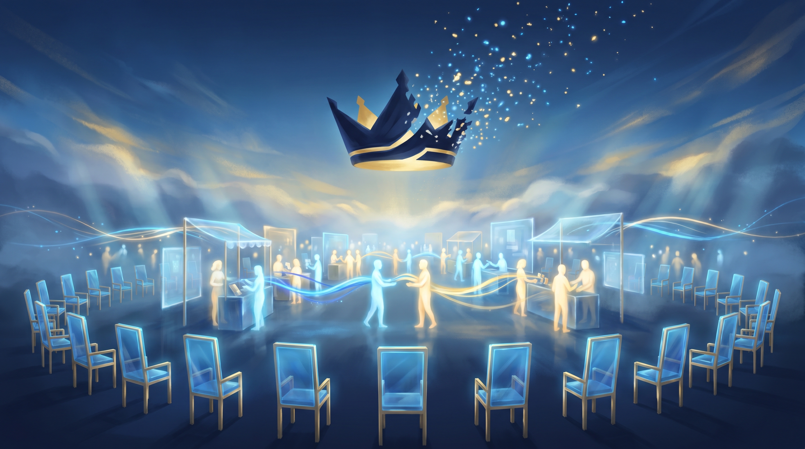 Cinematic painterly scene: a vast open marketplace at dawn rendered in electric-blue and gold data-light, where many luminous glass thrones stand empty in a circle, none of them occupied, while a bustling crowd of glowing figures trades streams of light between stalls in the center. Above, a single dark crown dissolves into a swarm of small bright points scattering outward like a flock. No text in frame.