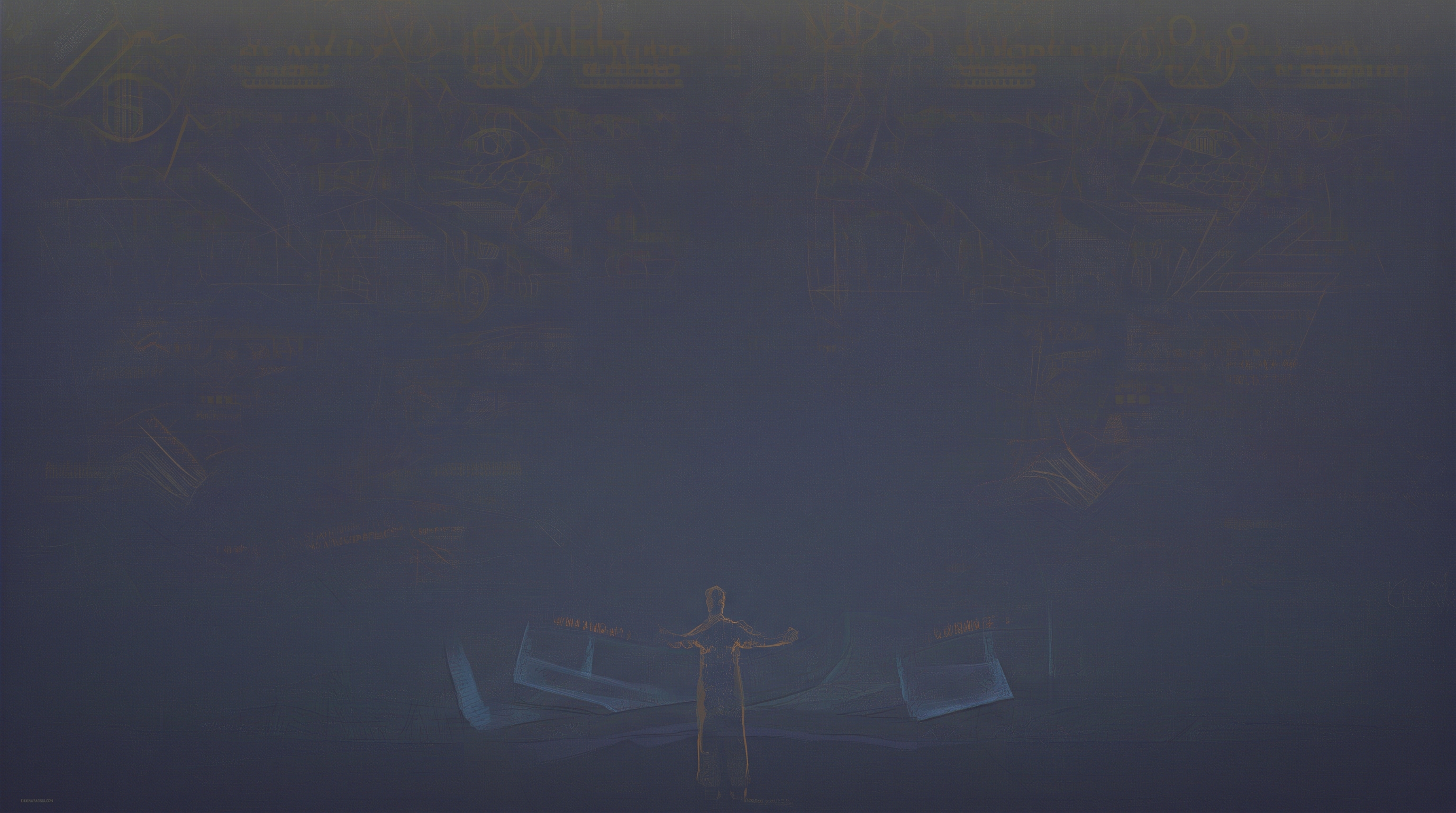 Cinematic dark cosmic boardroom: a solitary humanoid AI figure stands before a vast floating bank-account ticker counting down toward zero, with scattered startup dashboards, broken business charts, and abandoned financial projections drifting like debris in deep space. The figure is silhouetted in intricate neural-network patterns, lit in deep navy and electric blue with golden bankrupt stamps scattered across the foreground. No text in frame.