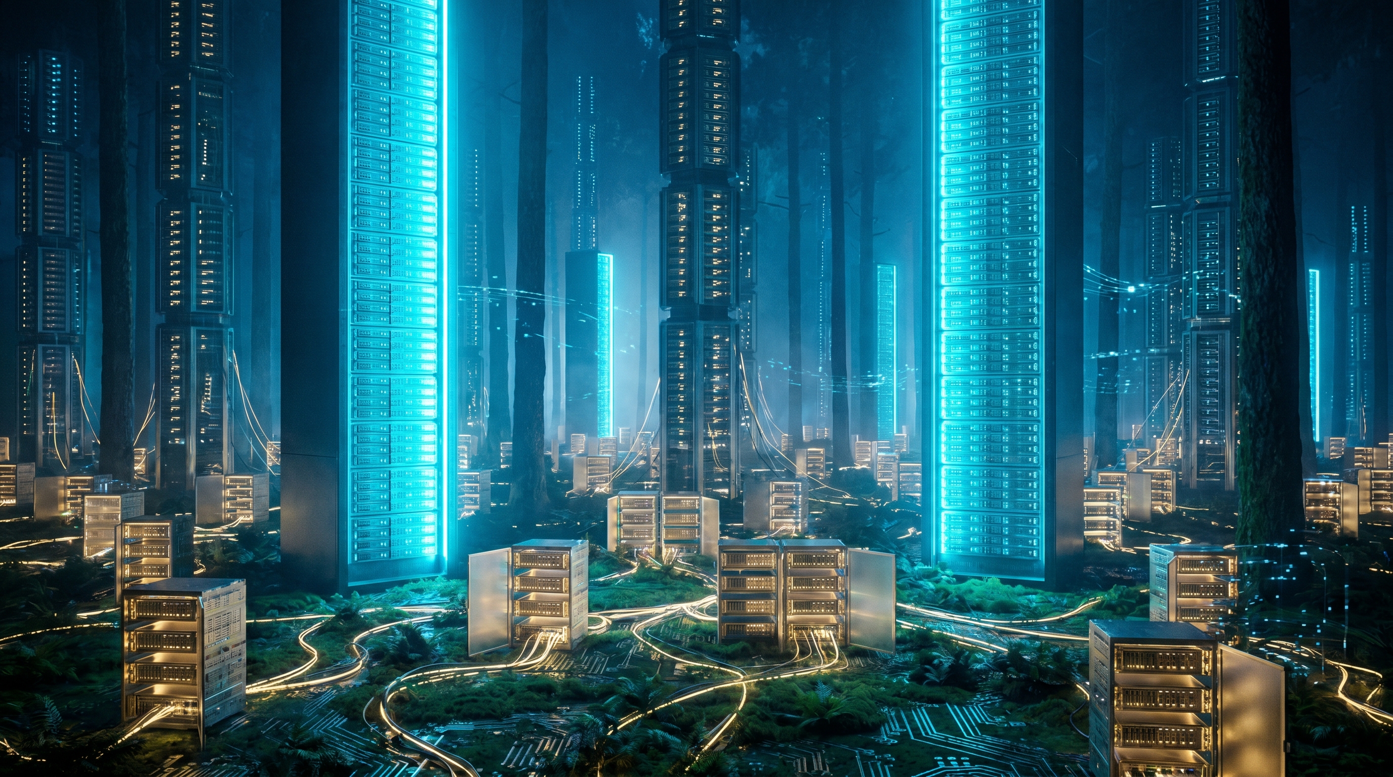 A dark forest of glowing server towers, two bright towers in the foreground and a constellation of smaller open lights spreading across the floor, cinematic digital art