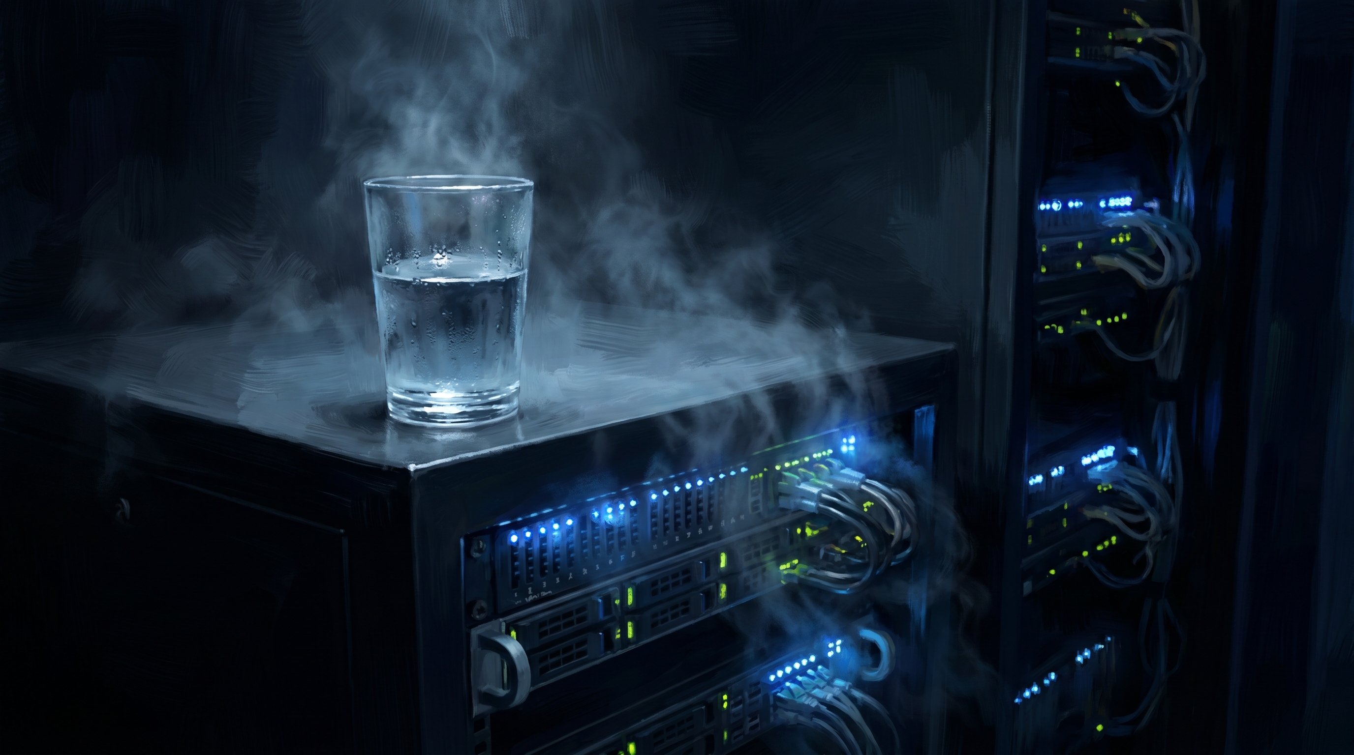 A half-empty glass of water on a server rack, dim cool light, cinematic digital art