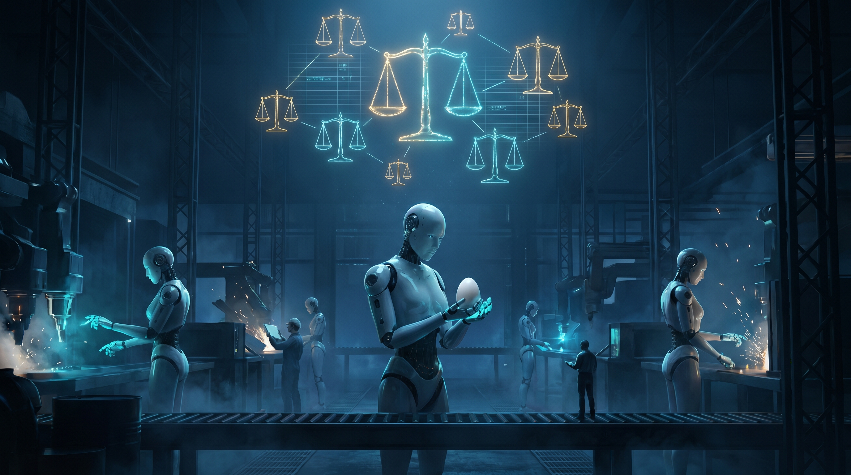 A vast dark factory floor under cool blue light, humanoid robots with delicately glowing fingertips working among a few small human figures, while overhead a constellation of luminous scales and ledger-lines hangs like a conscience over the scene, cinematic digital art