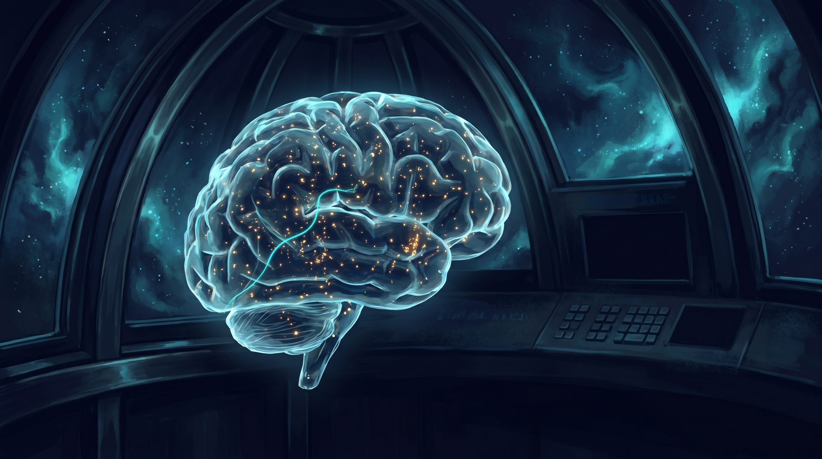 Cinematic dark interior of a vast neural-network observatory: a glowing translucent glass brain floats at center, lit from within by hundreds of fragile-looking sparks; a quiet reward signal threads through the glass without touching the surface, while on the far wall a control panel of rigid textual rules is switched off. Painterly, deep navy and electric cyan, gold sparks for the active reward threads, no text in frame.