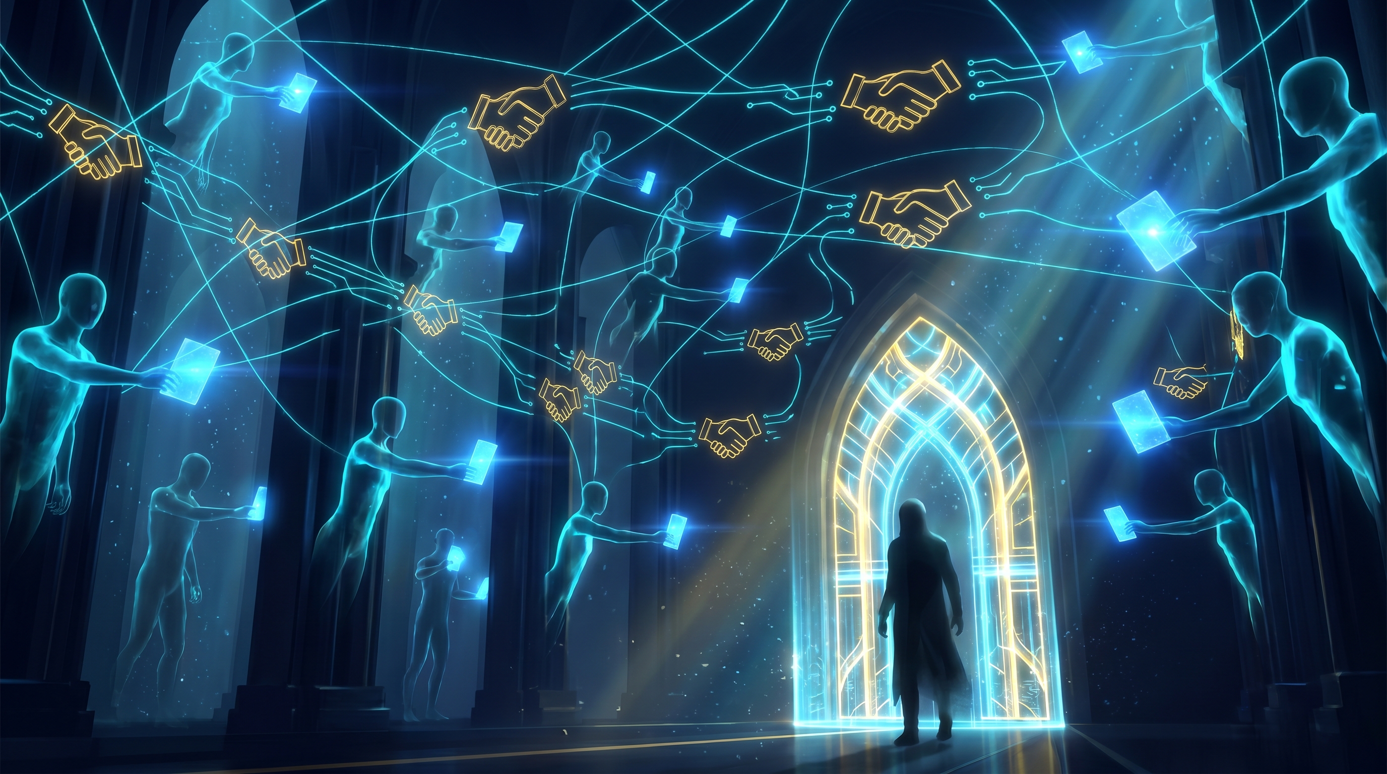 A vast dark hall of luminous AI agents, each holding a glowing cryptographic credential card, reaching out to verify one another across a web of bright blue trust-lines, while a single unsigned figure in shadow is held at the threshold, cinematic digital art