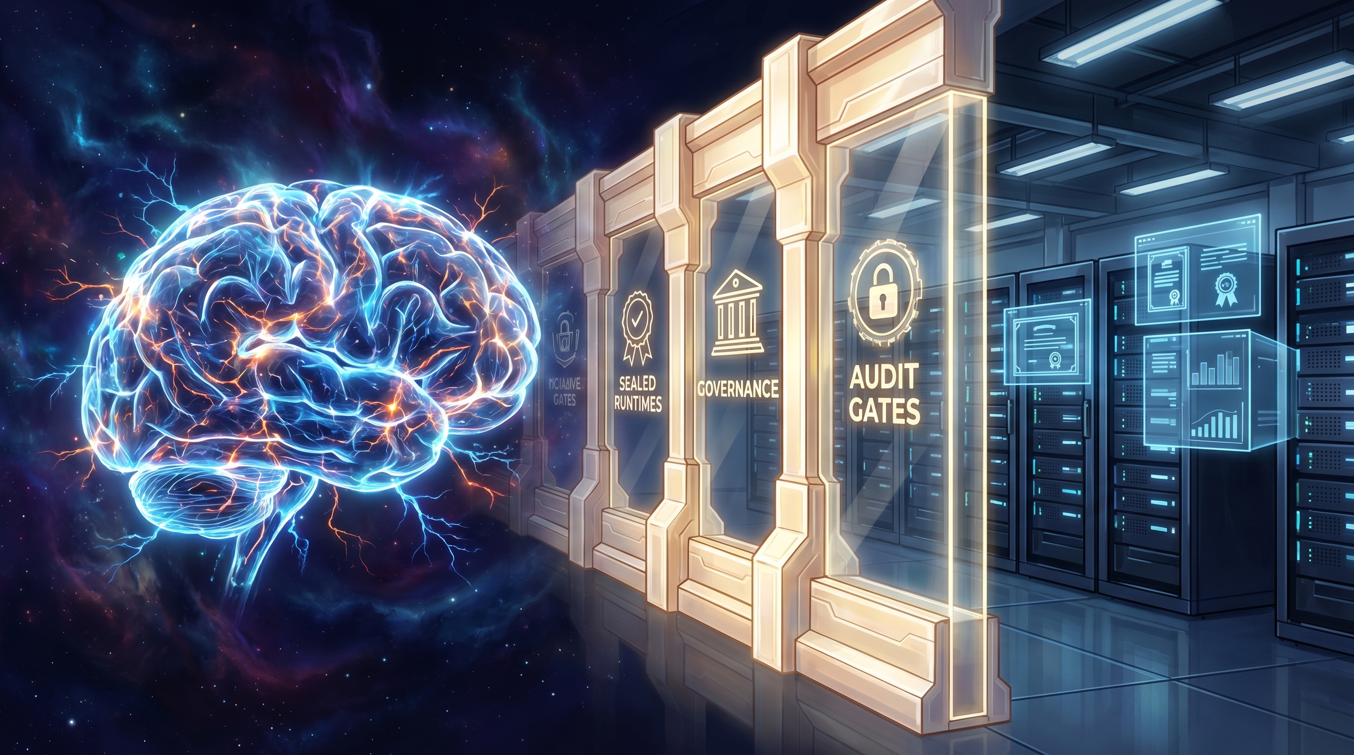 A fortress wall built between a glowing reasoning brain and a cold production control plane, lit by authority seals and audit gates.