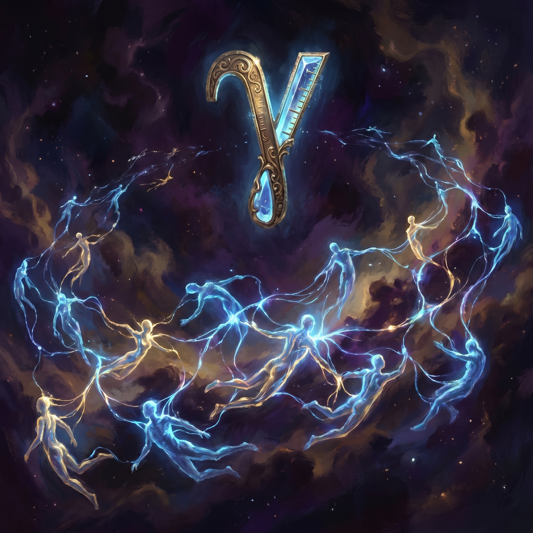 A constellation of glowing agents forming a network, with a single luminous coefficient hovering over them — a measurement descending on a social pattern