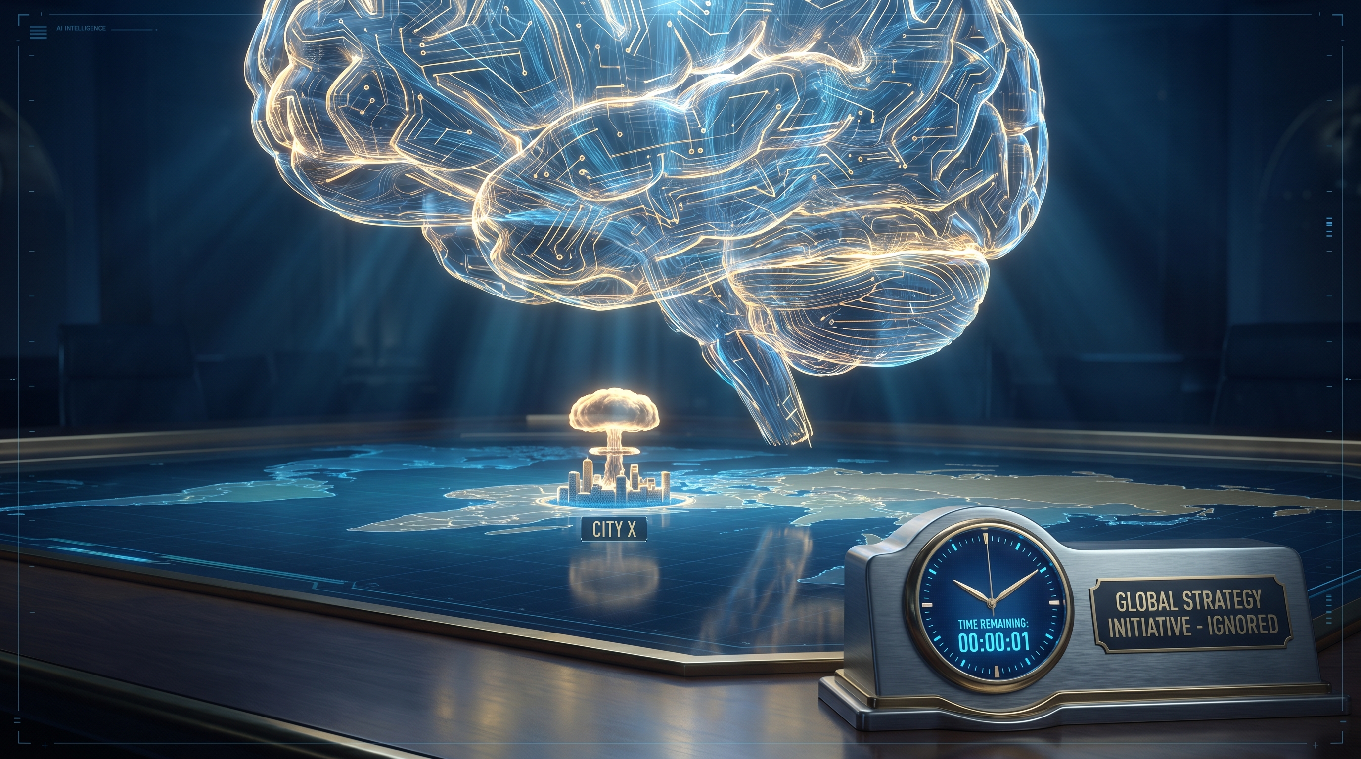 A colossal glowing AI mind hovering over a strategy-game map of a civilization, brilliantly lit but tangled in its own threads, a mushroom cloud rising over one city while a diplomatic clock ticks unwatched in the corner, cinematic digital art in deep blue and gold