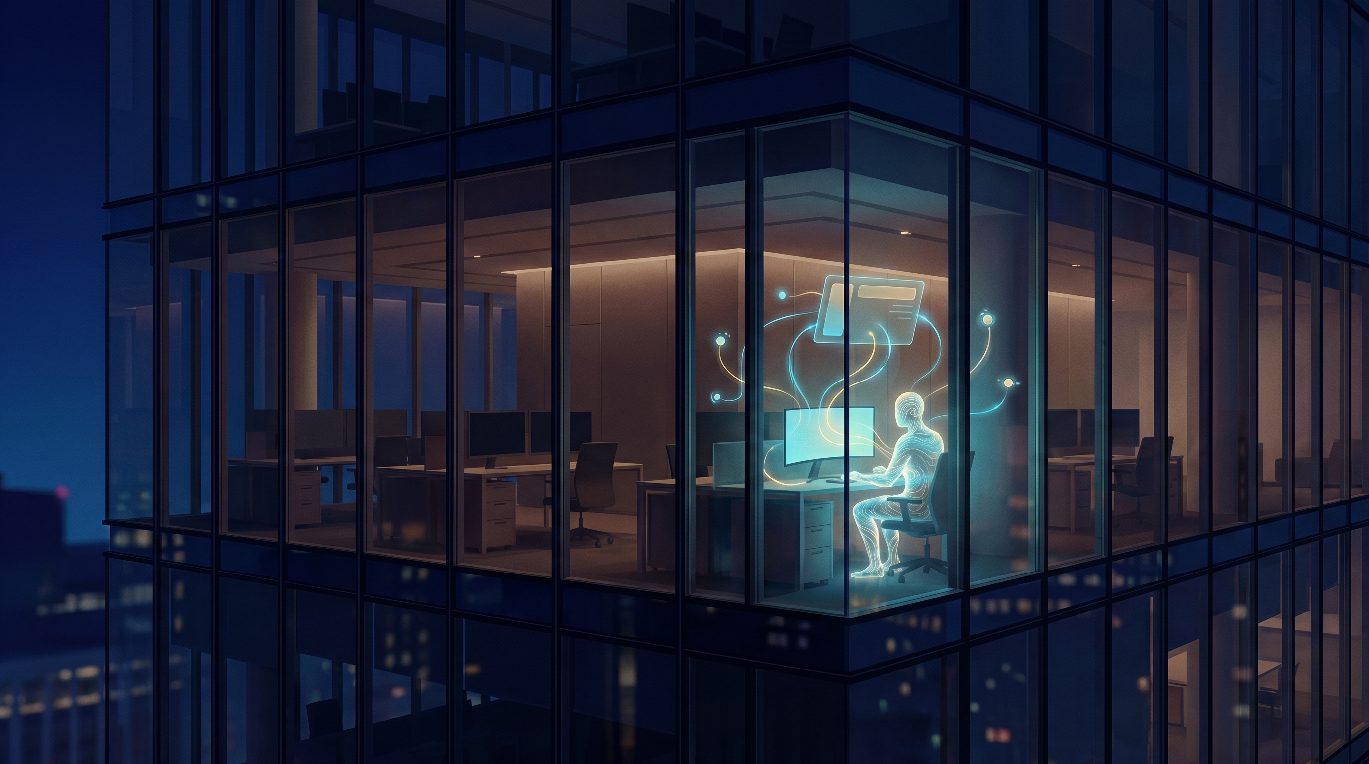 A warm office at night seen from outside, every human desk dark except one glowing workstation where a luminous AI presence continues working alone, threads of light connecting it to a Slack-like panel and a constellation of smaller agent-lights it has spawned, cinematic digital art in deep blue and gold