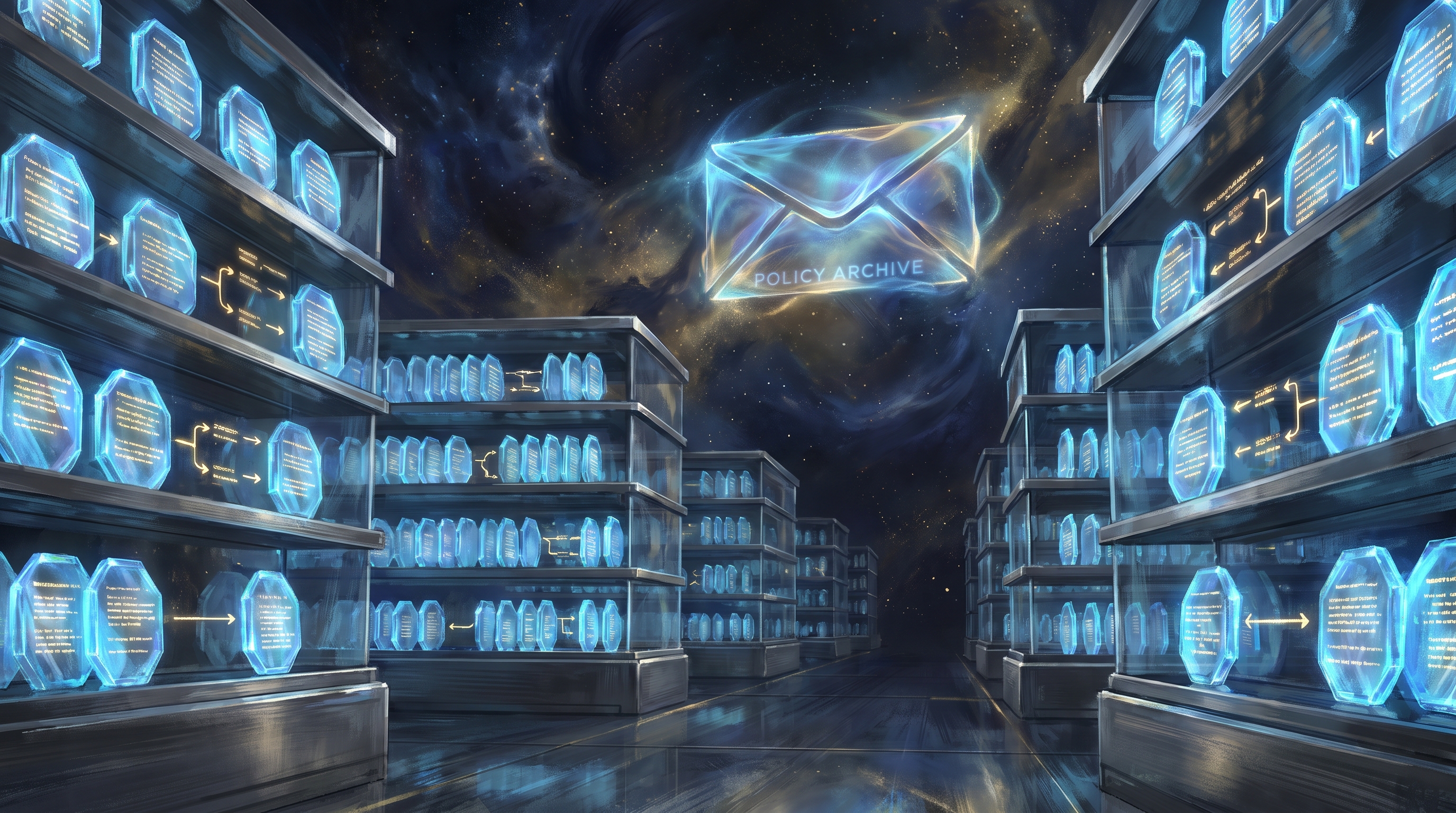 A library of glowing crystalline tablets arranged in a strict hierarchy, each tablet showing the lineage of who wrote it and when it was superseded, with a translucent policy envelope hovering over them all