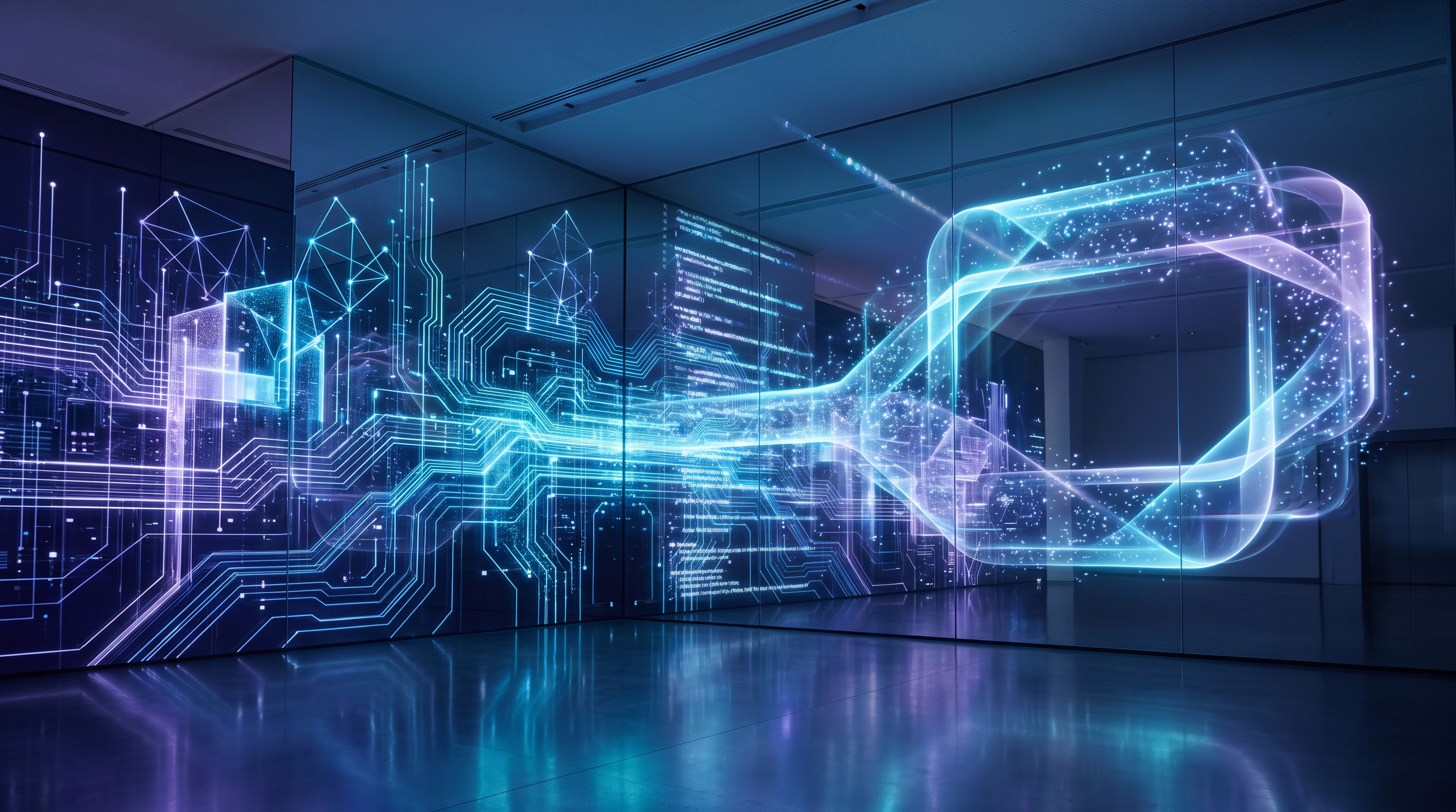 A luminous machine intelligence rendered as flowing cyan circuitry that curves back on itself into a mirror-like recursive loop inside a dark reflective hall, deep indigo and blue tones, a system reshaping its own architecture, cinematic digital art
