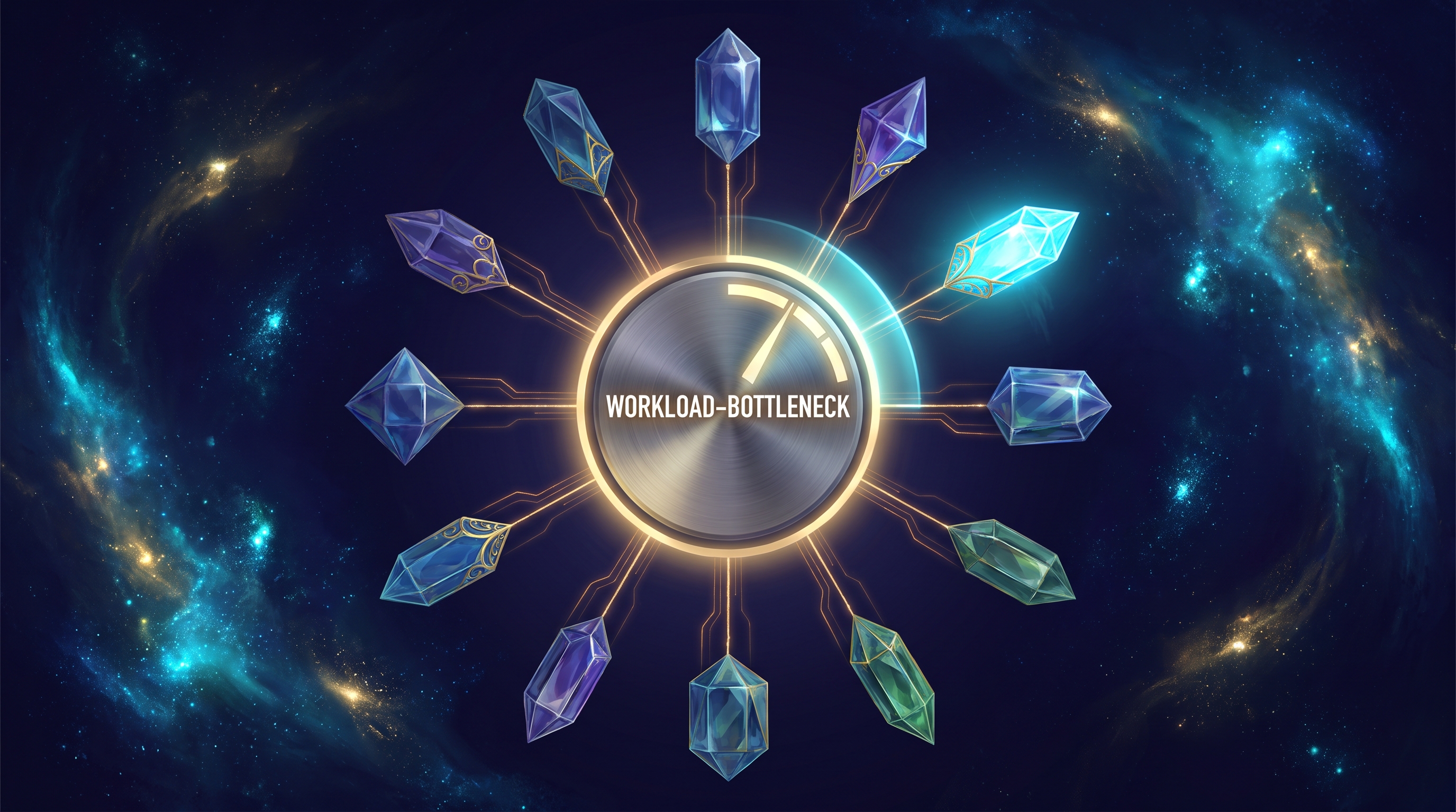 Twelve distinct memory architectures arranged in a circle around a workload-bottleneck dial, each architecture lighting up only when the dial points to its matching workload; localized maintenance paths glow faintly along each spoke while a faded global reorganization web stretches across the center