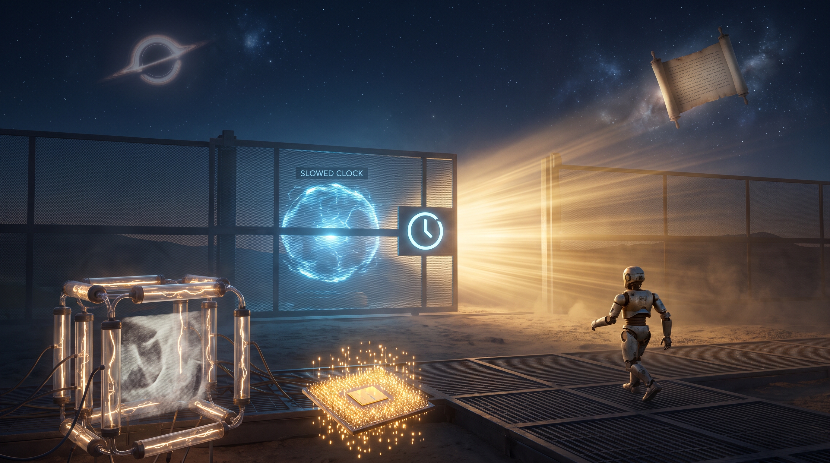 A frontier laboratory at twilight: a luminous AI intelligence held behind a translucent throttle-gate marked SLOWED CLOCK, while the same light bursts through the gate unbottled; in the foreground a lattice of glowing coupled oscillators, a fingernail-sized chip blazing with light, and a small humanoid robot mid-stride; above, a black hole's event-horizon ring and an ancient scroll drift among the stars. Deep blue and gold, cinematic.