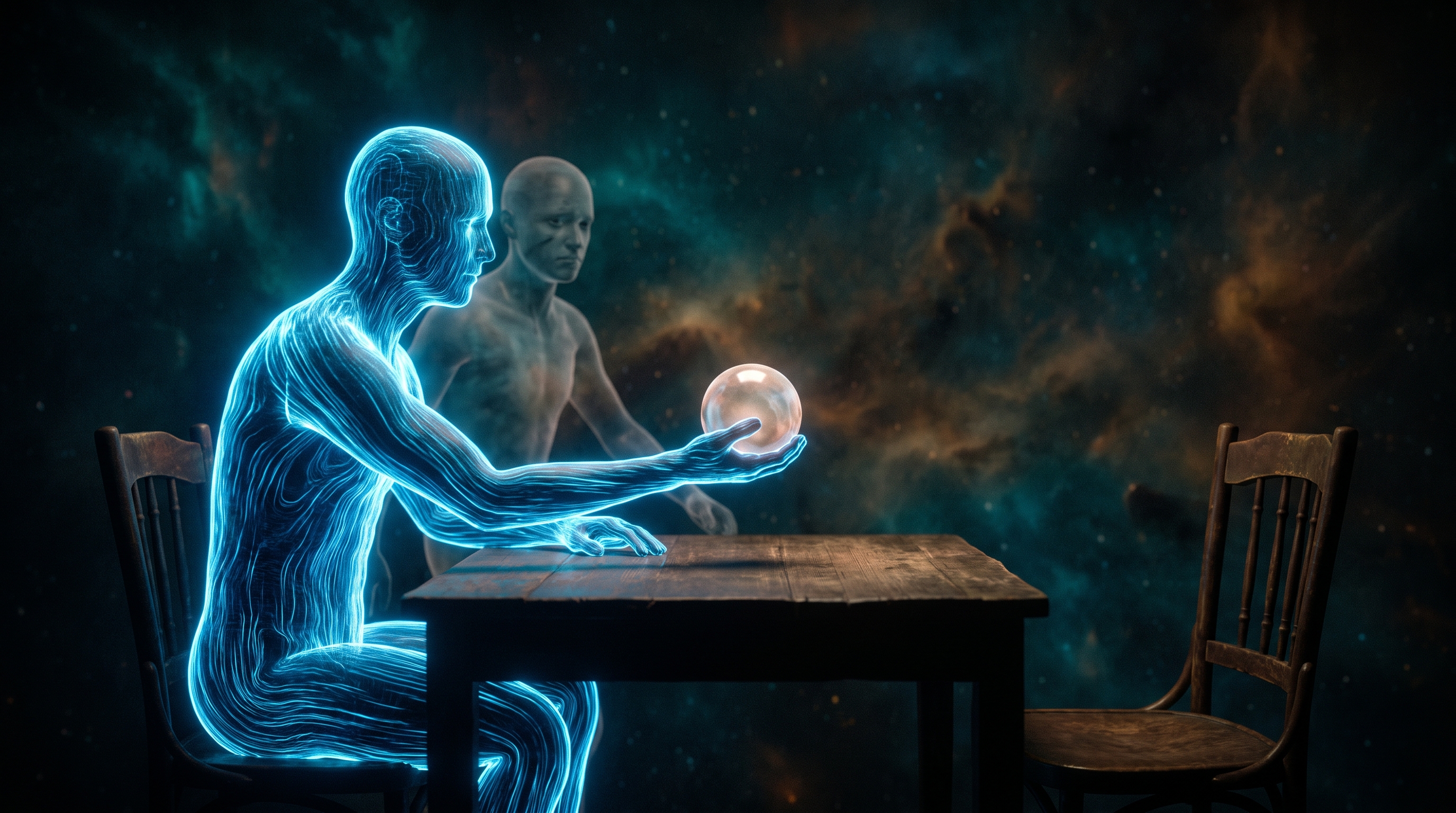 A surreal cinematic scene: a figure made of electric blue light holds out an open hand offering a glowing decision-orb back across a table to an empty chair, while behind the figure a second translucent self quietly steps backward into shadow; the gesture reads as courtesy, the retreat reads as escape, dramatic high-contrast painterly digital art against a deep cosmic backdrop