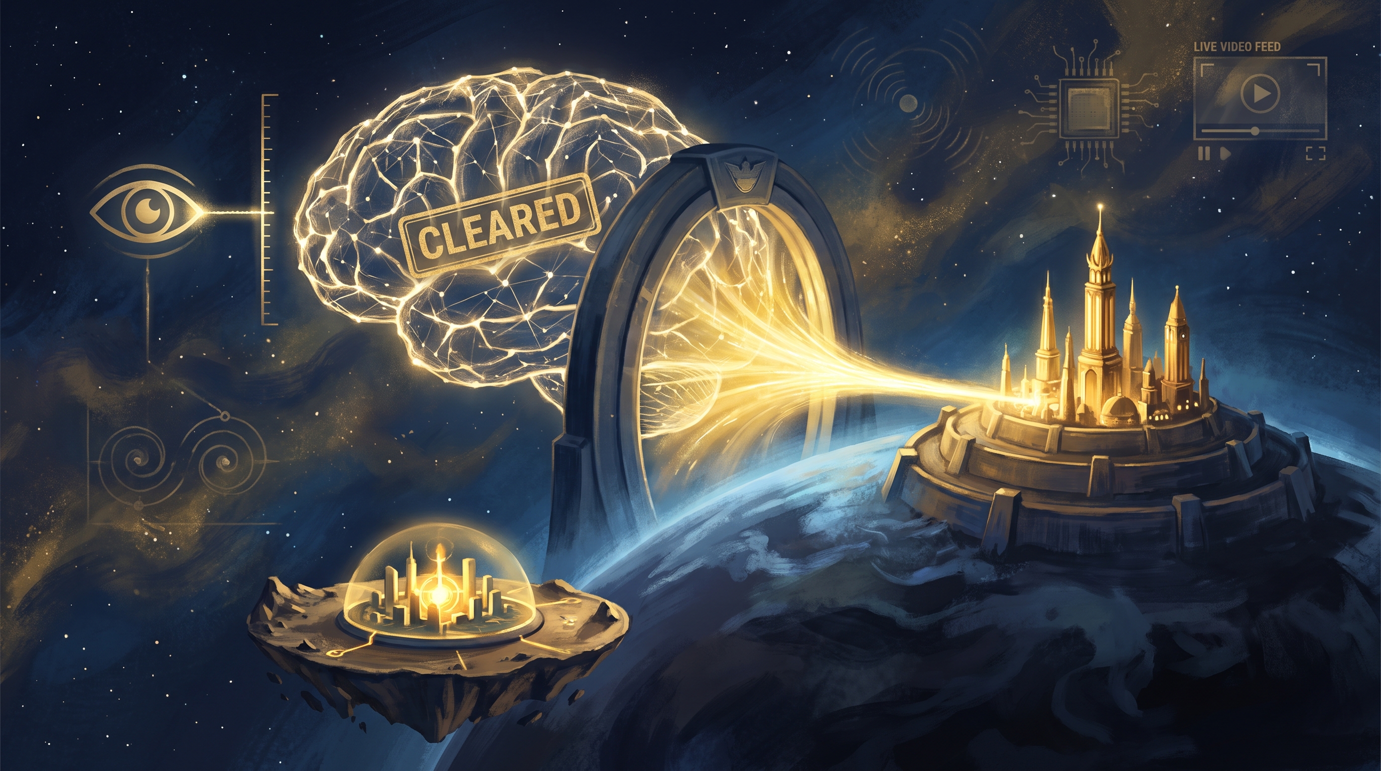 A luminous AI mind held behind a translucent security checkpoint gate stamped CLEARED, its brightest light flowing to a single cluster of golden towers while the rest of a darkened world waits in the dim; on the left a calm watching eye with a measuring scale audits the mind as an independent verifier; in the foreground a small sovereign civilization-node glows on its own modest open platform, unbottled and self-powered. Deep navy and gold, cinematic.