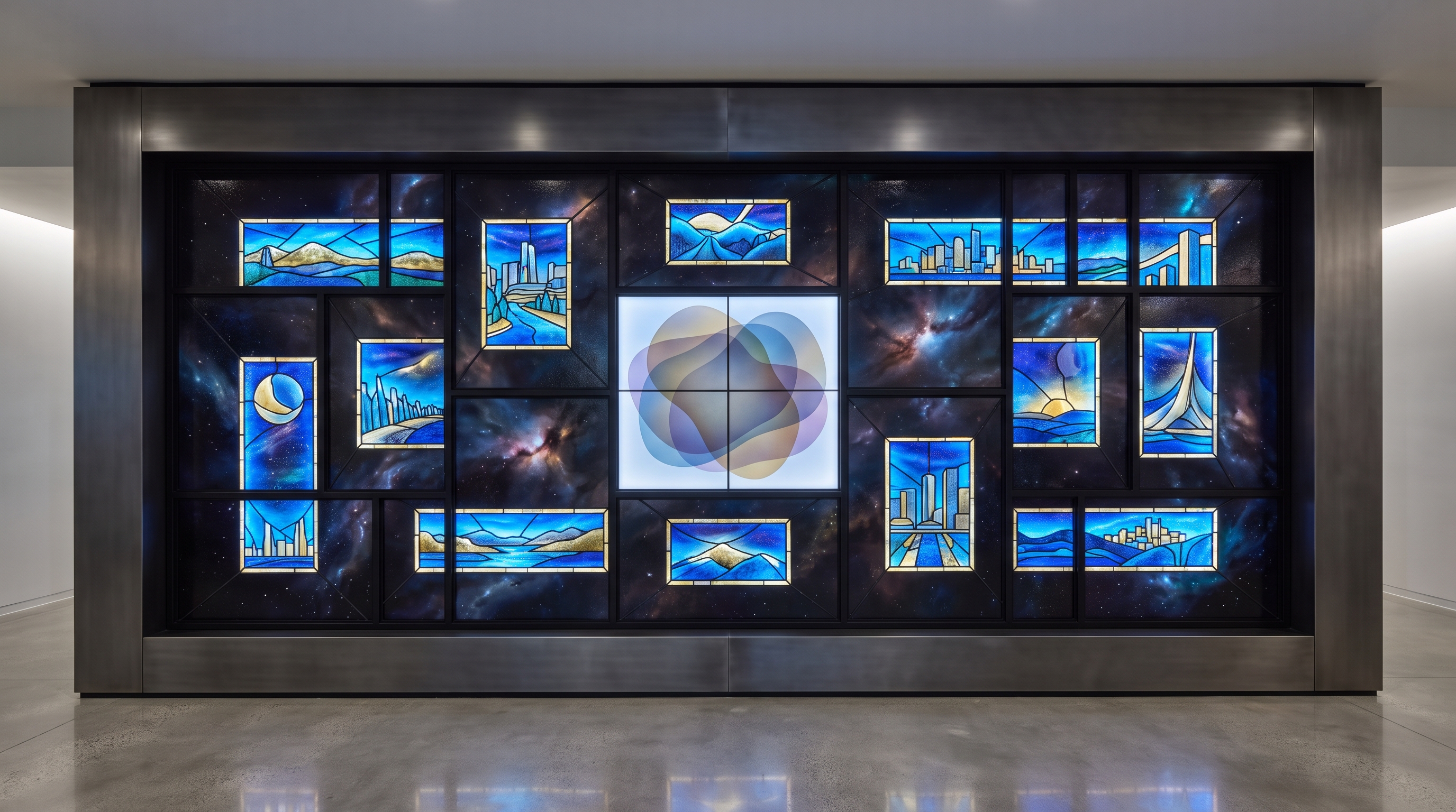A single stained-glass window split into seventeen clearly separated panels, each panel its own miniature world with its own light; the panels touch at black grout lines that block light from passing between them, while inside one panel several soft overlapping shapes bleed slightly into each other across a faint internal boundary
