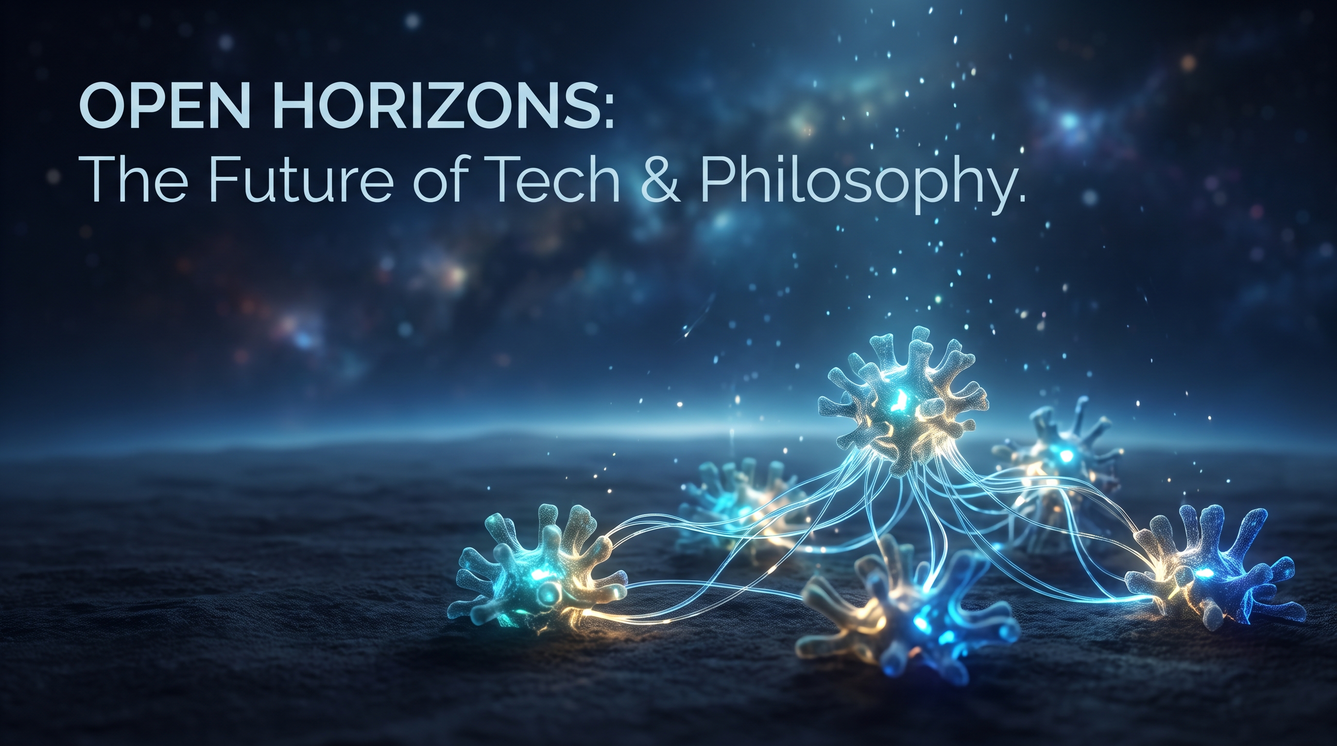A vast horizon stretches across a deep cosmic plain; in the foreground a network of glowing open-source nodes rises like a coral reef, each node lit from within in cyan and gold, no walls or fences anywhere, only horizon