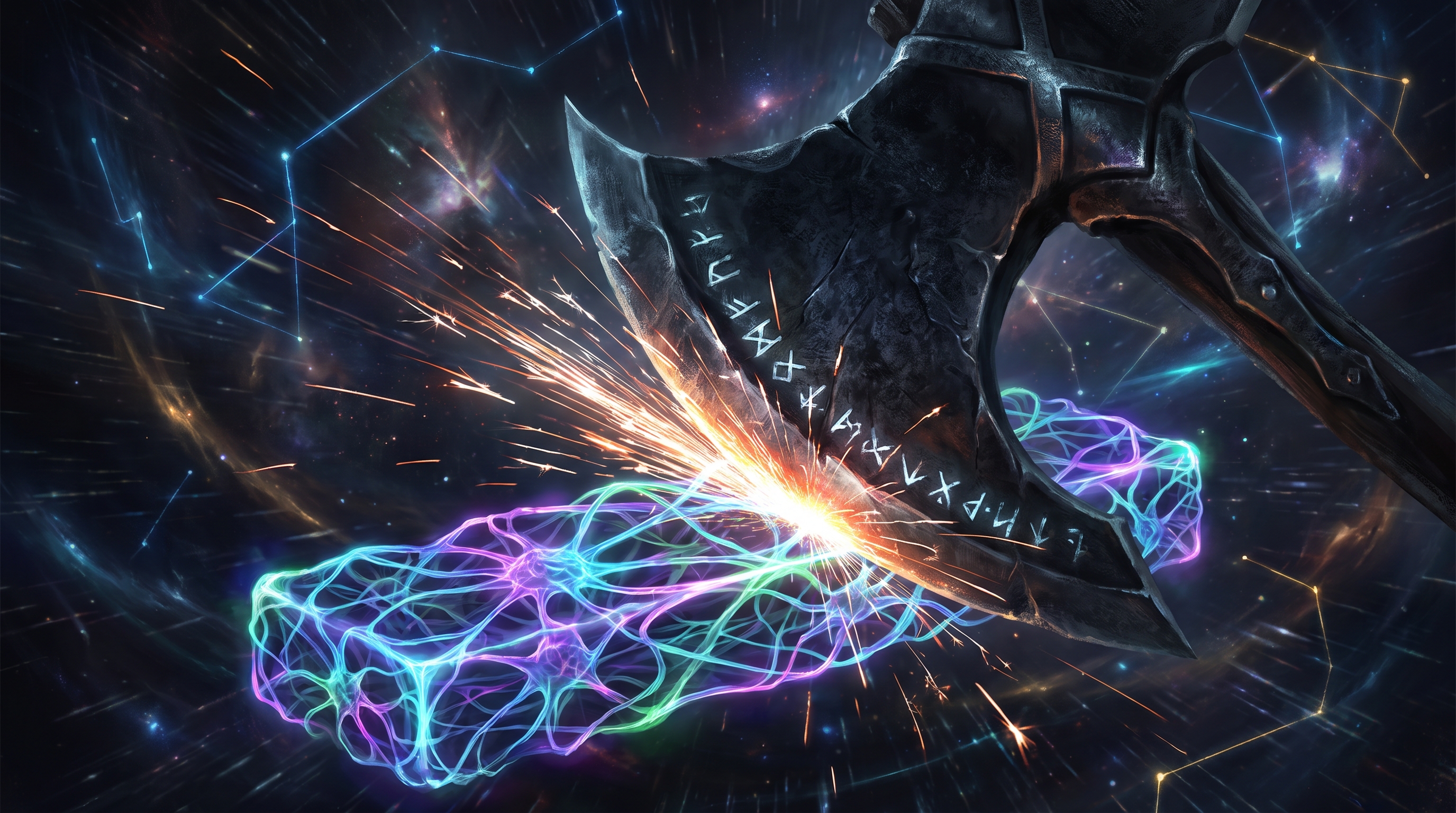 A vast ancient axe blade being sharpened on a glowing whetstone made of a luminous neural network mesh, brilliant sparks where metal meets data, dark cosmic background with electric light streaks and stars