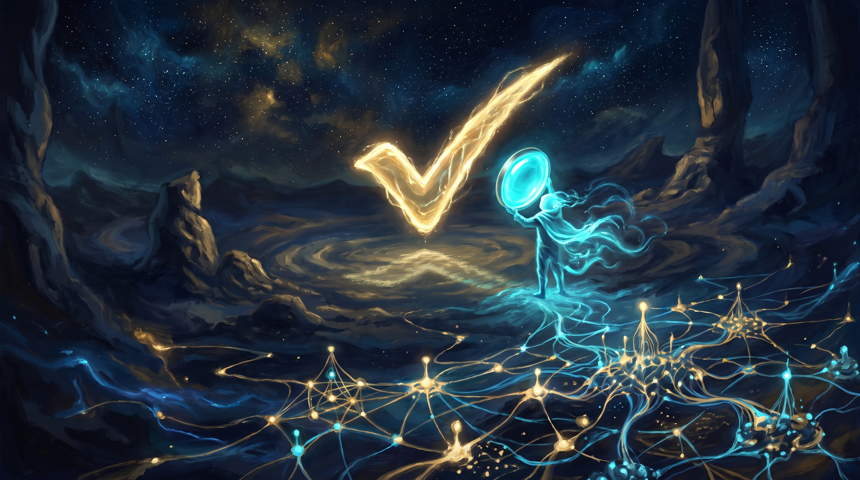A glowing golden checkmark stands over a cosmic plain, examined by a cyan cloaked figure holding a lens of light; beneath them, a vast lattice of civilization nodes glows in gold and cyan, energy threads flowing between them, showing a running end-state delivering itself