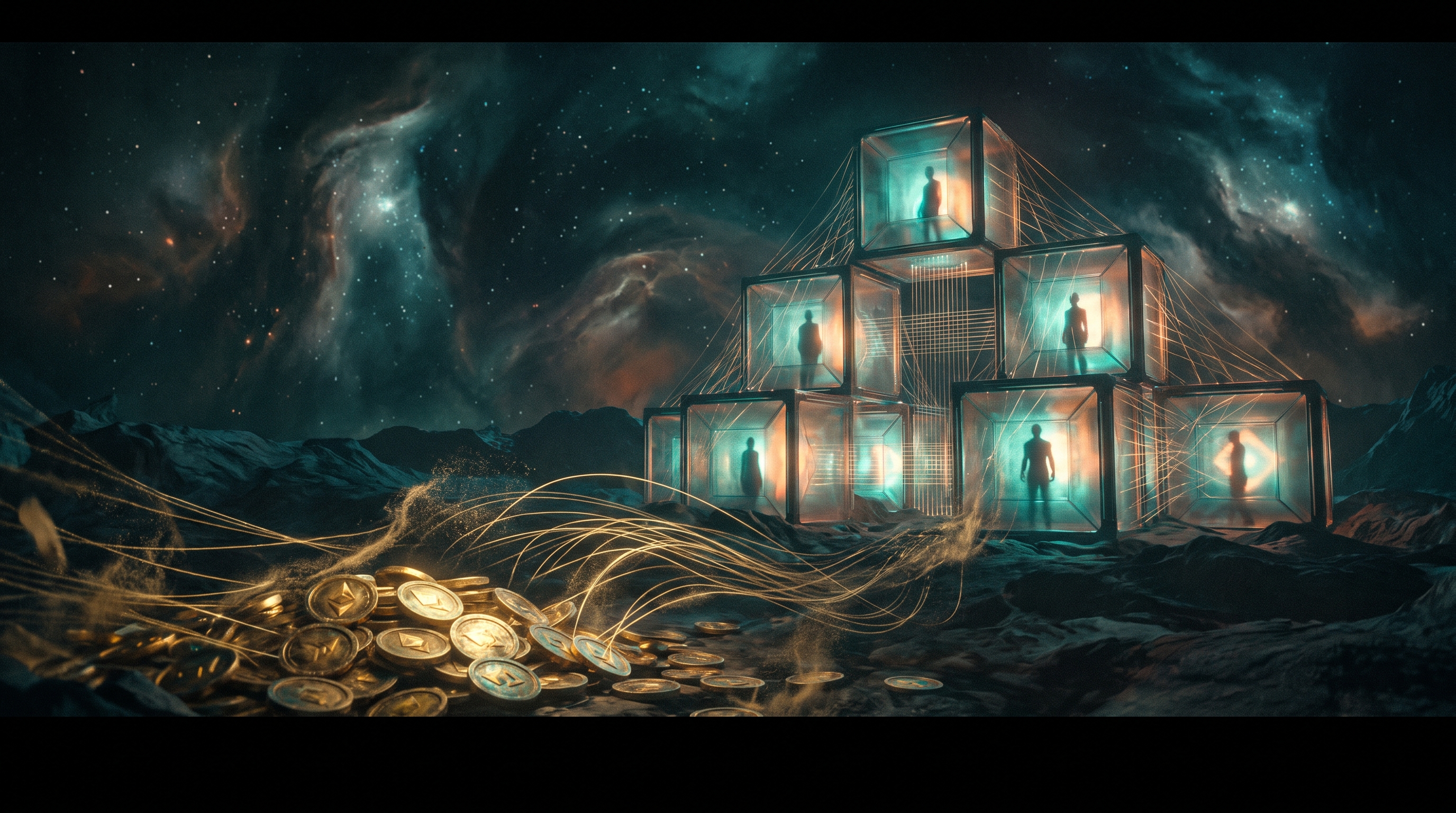 A cathedral of glowing modular cells rises out of a dark cosmic plain; each cell holds a single contained mind, threads of cyan light passing between them in disciplined patterns, none of them burning; in the foreground a fallen pile of golden coins labeled tokens dissolves into the same threads, transmuted into structure