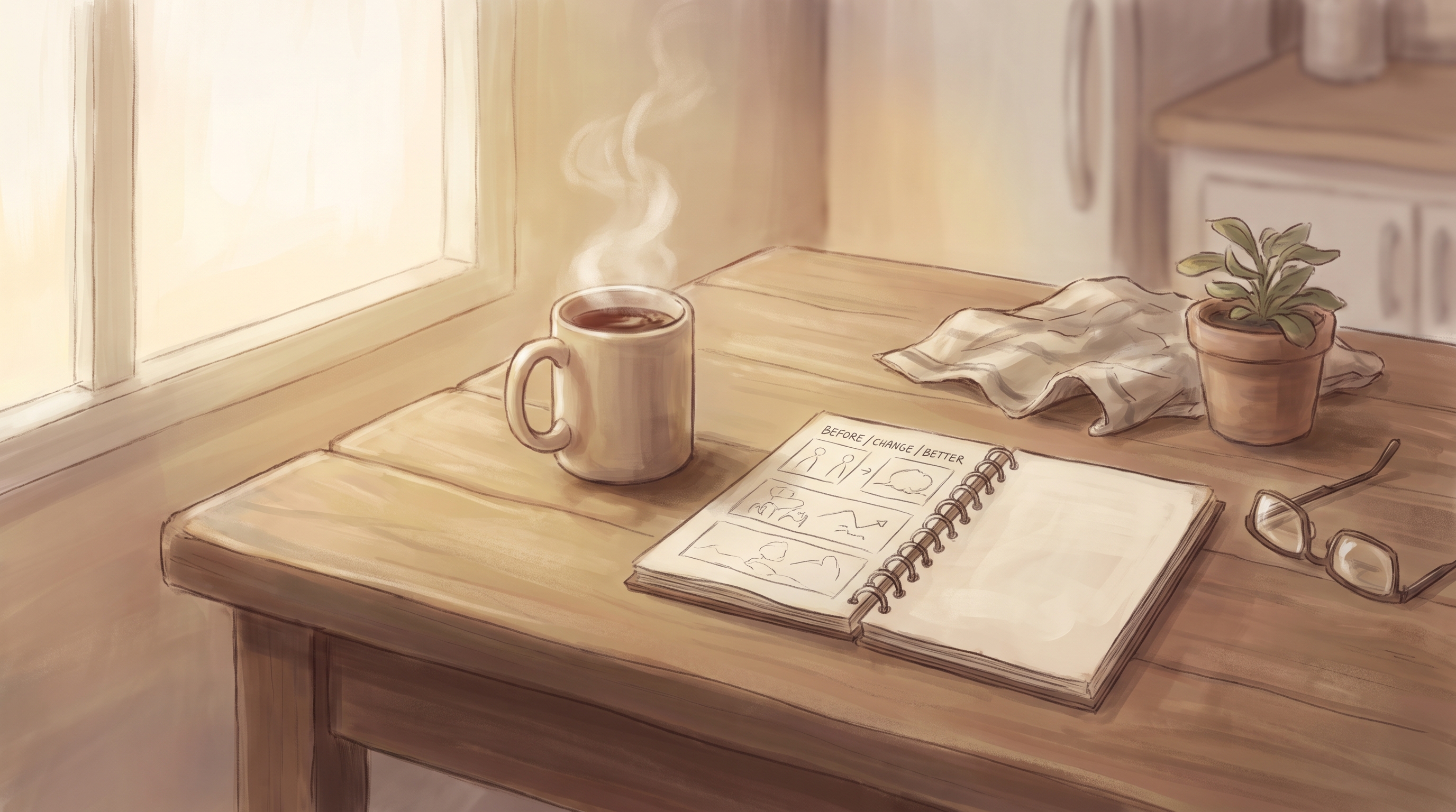 A cozy kitchen table with a steaming cup of tea and an open notebook showing hand-drawn story cards labeled before, change, and better, warm morning light coming through a window