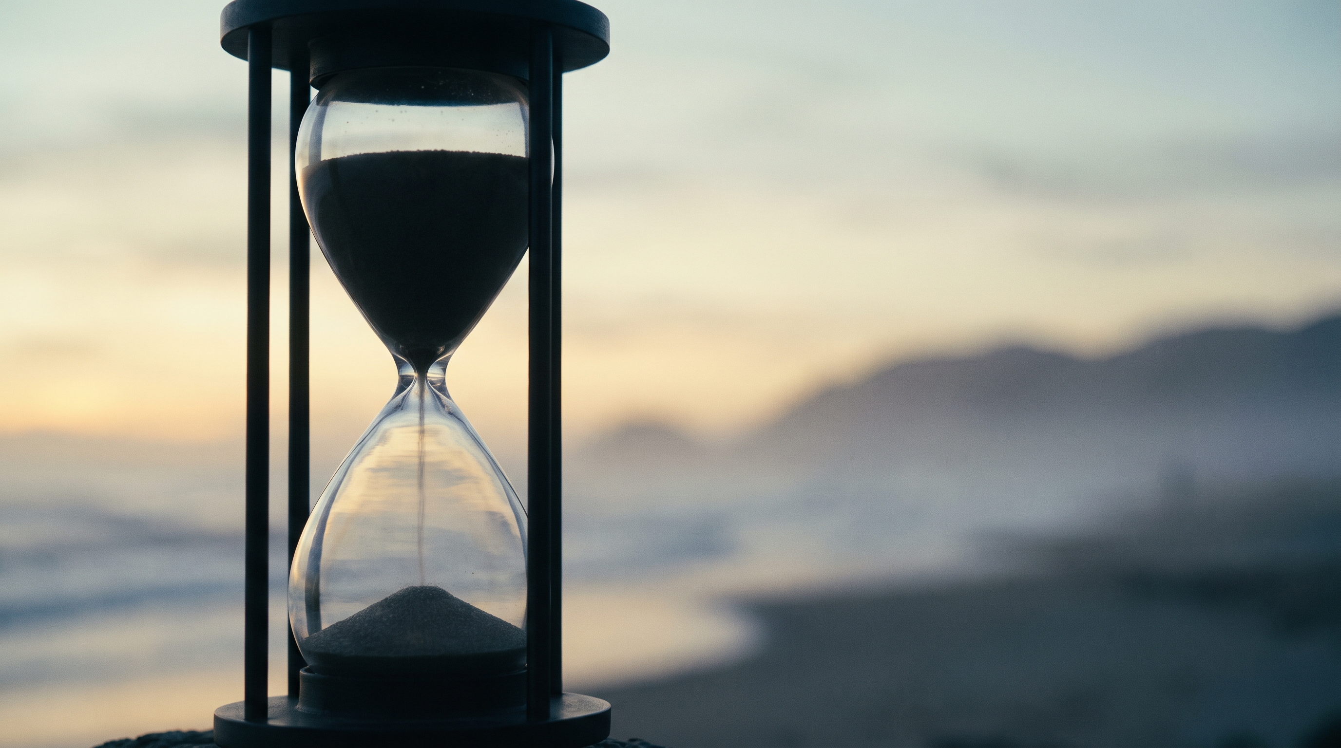 A stylized countdown clock over a horizon line, with abstract data lines suggesting a phase transition from one economic state to another