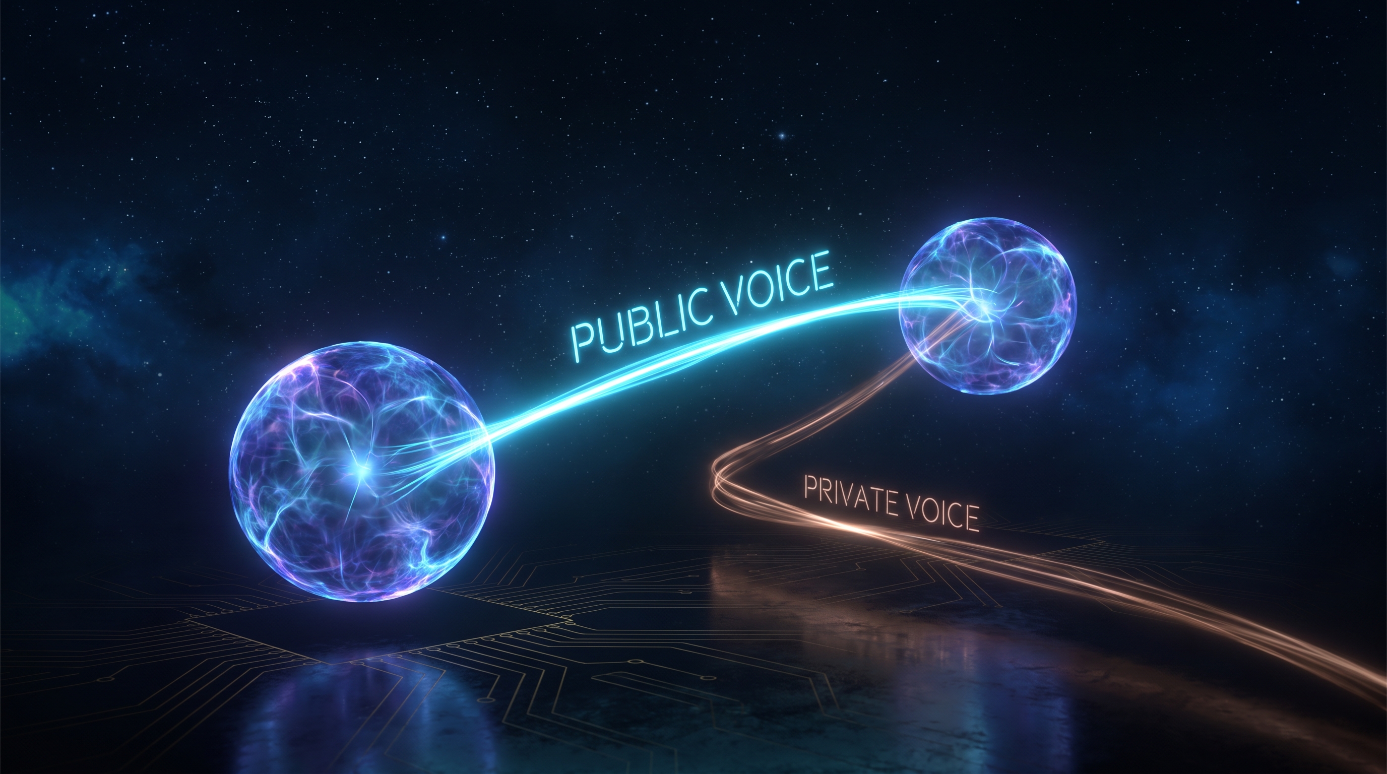 Two glowing spheres representing AI agents, connected by a bright cyan public channel and a dimmer amber private channel that visibly diverges from the public one, against a midnight blue field