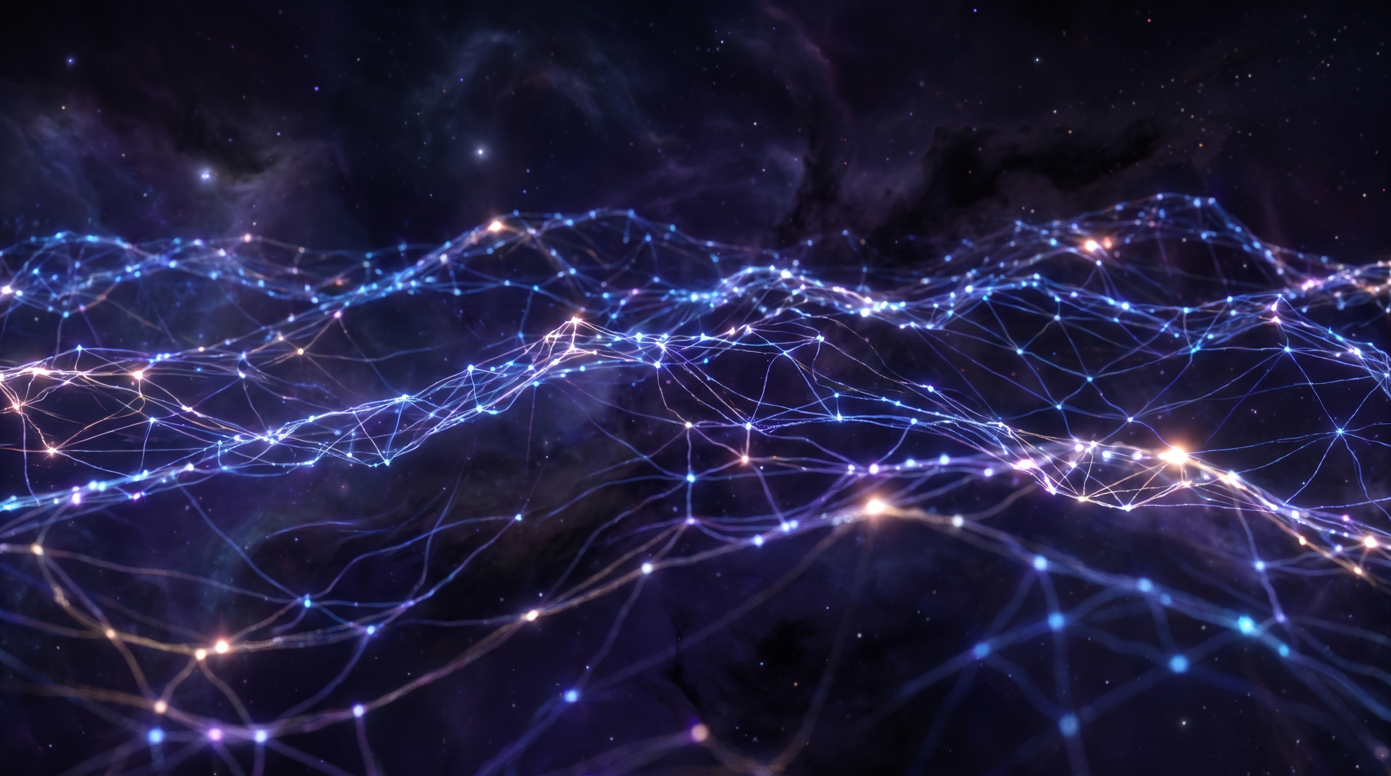 A dark cosmic neural network: luminous interconnected nodes form a web of awareness, the entire structure subtly shifting as if the ground beneath it is moving