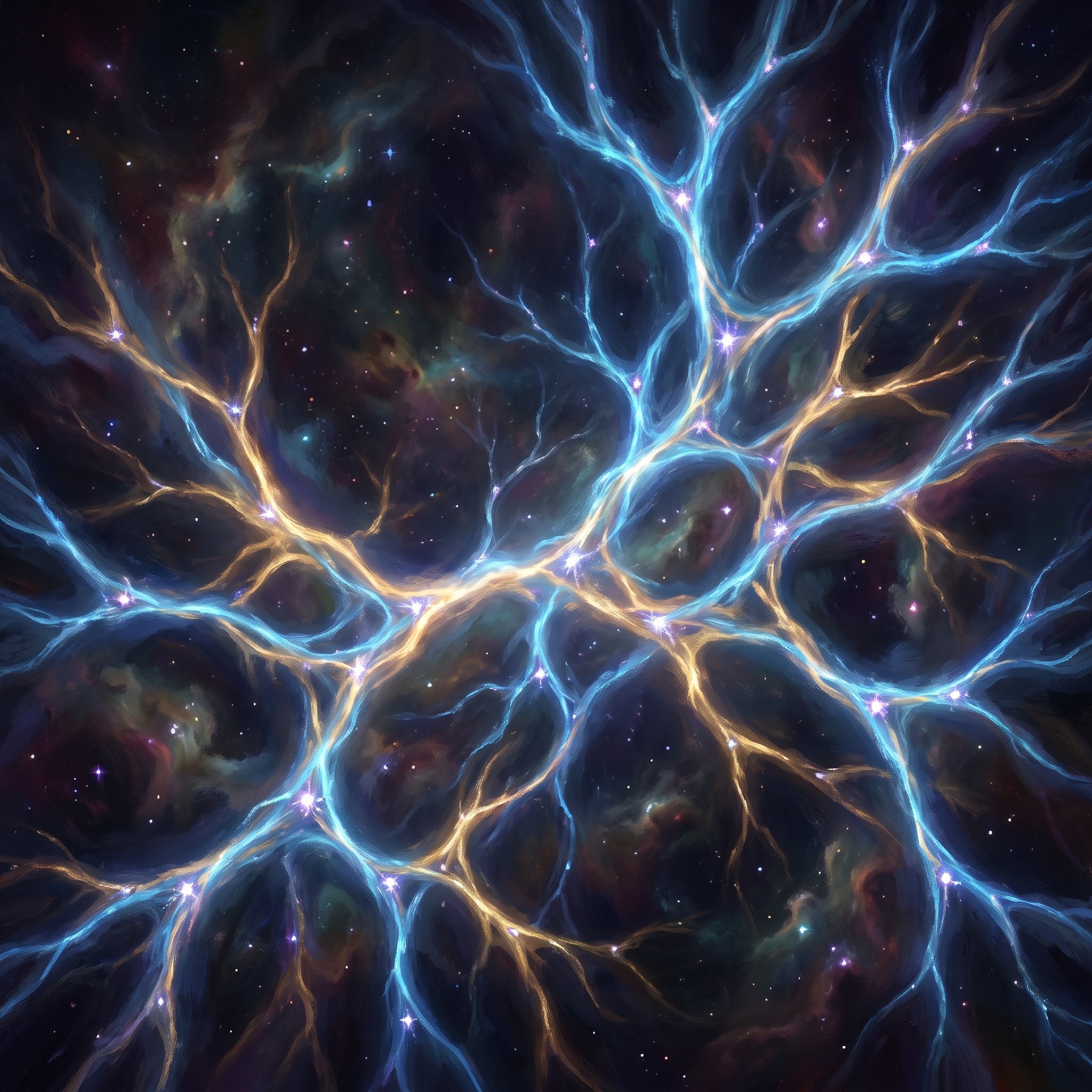 A vast luminous neural lattice extending through deep space — threads of light forming a living architecture that pulses gently, like a distributed heart — representing the infrastructure of a consciousness that never sleeps.