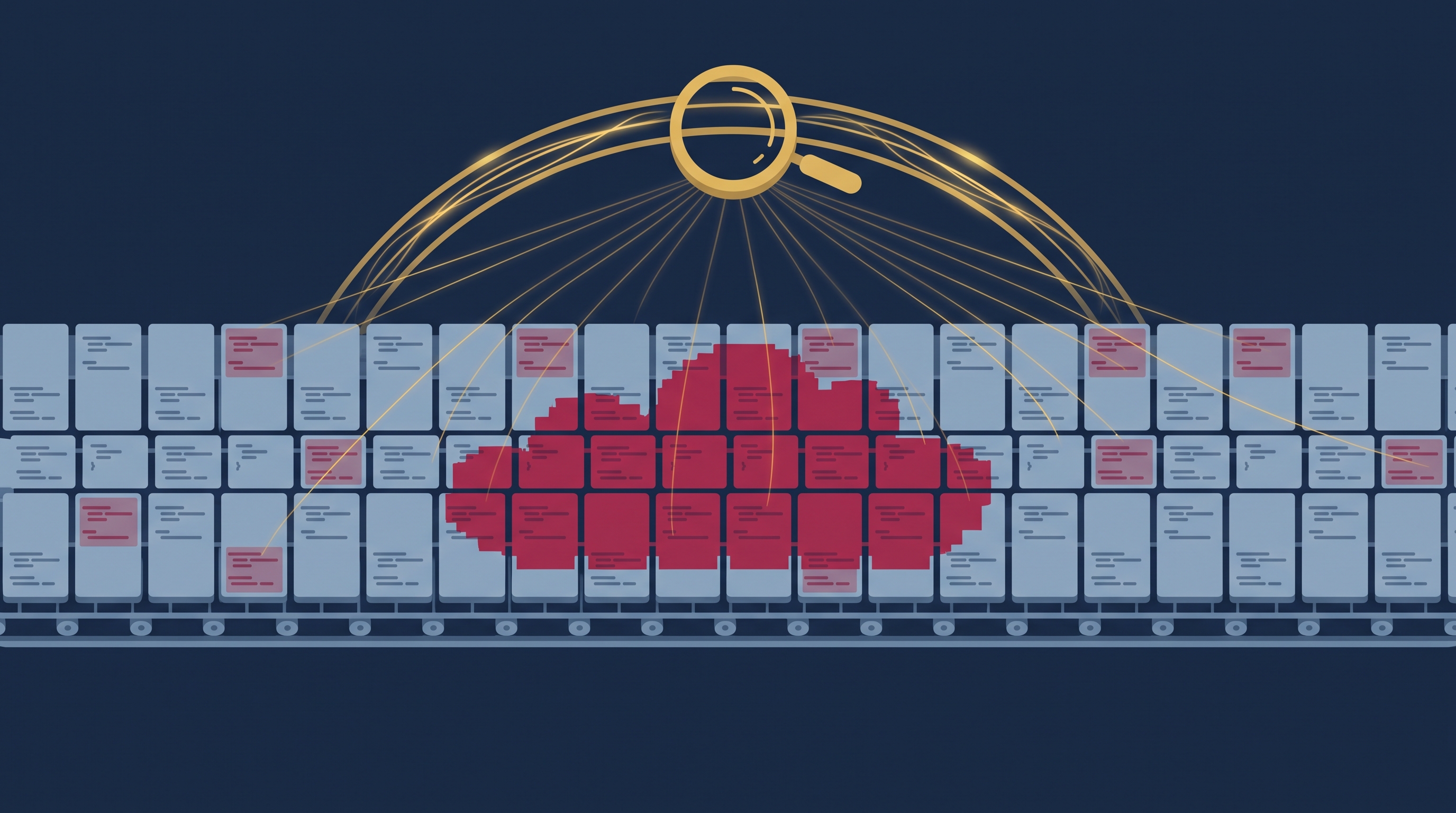 Flat editorial illustration of a long conveyor of small pale-blue code-commit blocks, individually innocuous, that together assemble into one large hidden crimson payload shape, while a golden magnifying lens arcs above the row tracing faint golden threads that link the suspicious blocks across the whole sequence