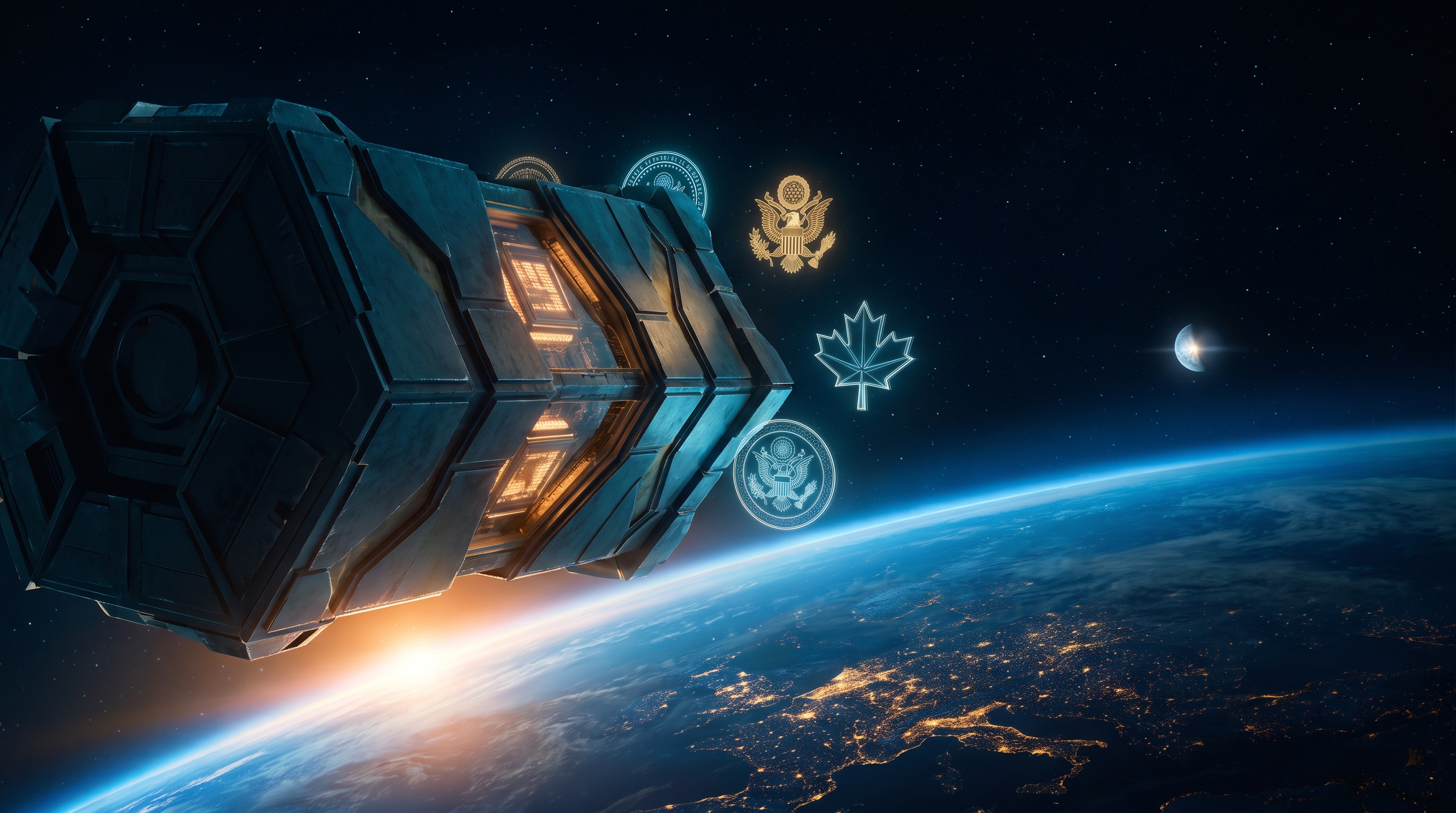 An armored vault-like satellite with glowing amber data cores in Earth orbit at dawn, holographic national seals floating beside it, city lights on the planet's limb below and the Moon glinting in the distance