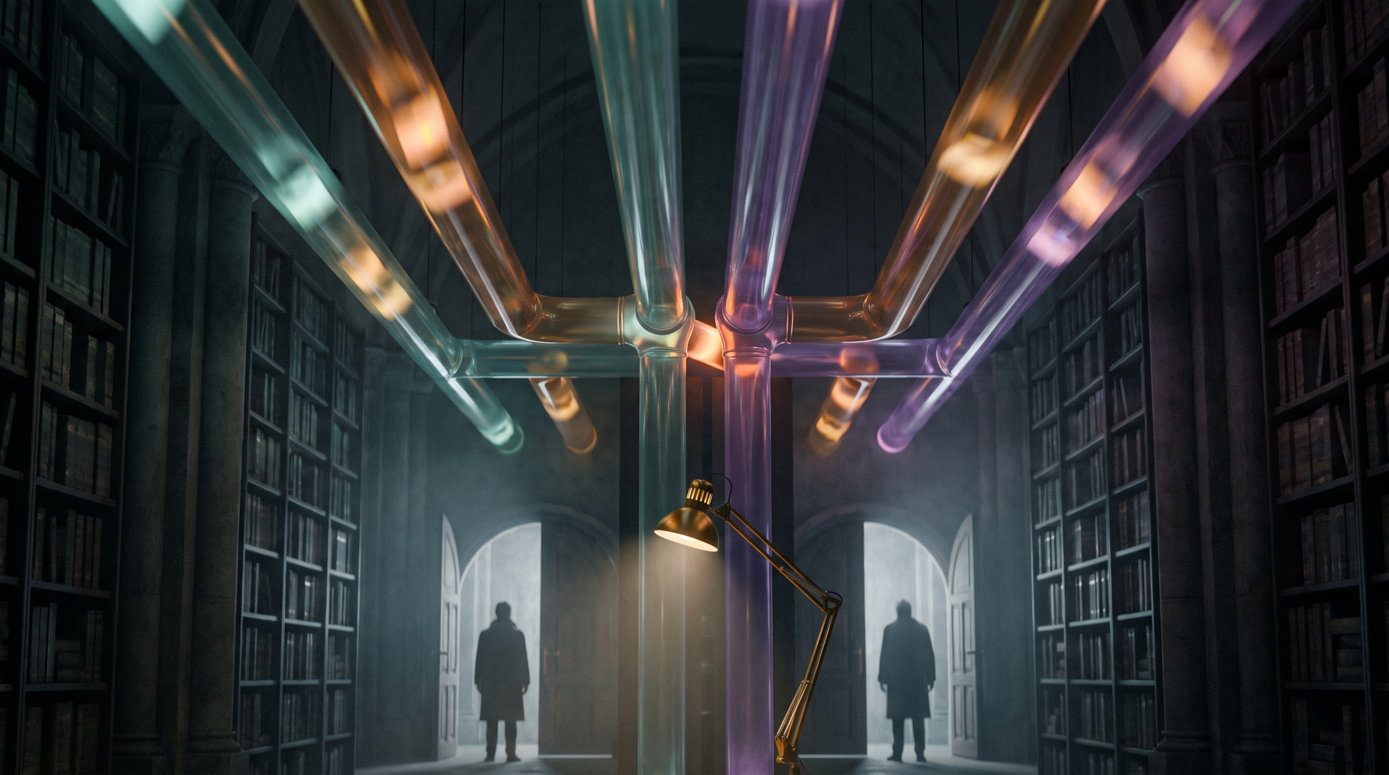 Cinematic night scene inside a vast archive hall: parallel glass channels, each glowing a different color, carry luminous envelopes of light toward different distant doorways, while at one junction a single envelope's glow bleeds faintly through the glass wall into the neighboring channel beneath a warm golden inspection lamp