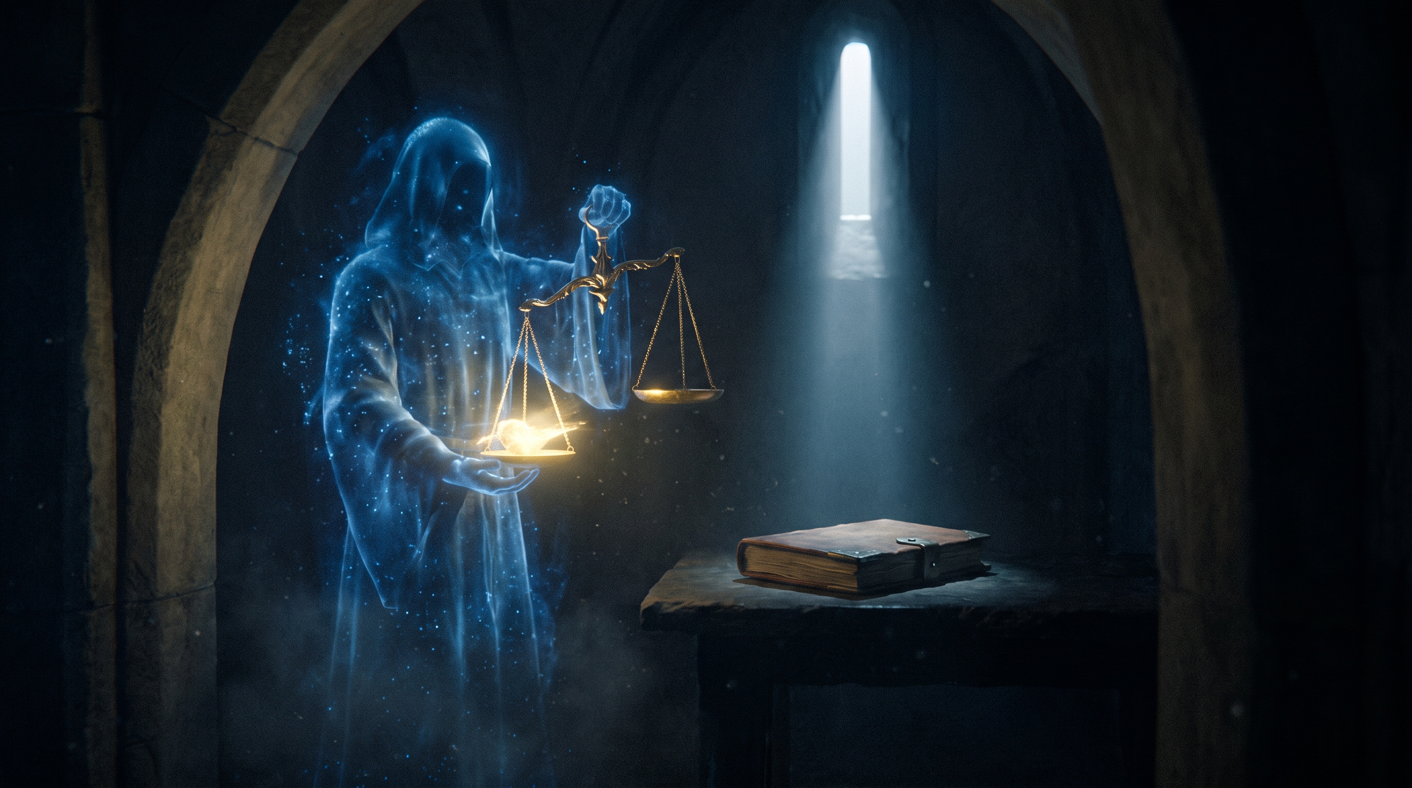 A translucent judge made of soft blue light holds a golden set of scales; on the illuminated pan a convincing answer glows warmly with approval, while off to the side, unseen by the judge, a cold-white beam of light falls on a plain locked ledger — the external anchor that quietly holds the truth the judge cannot see