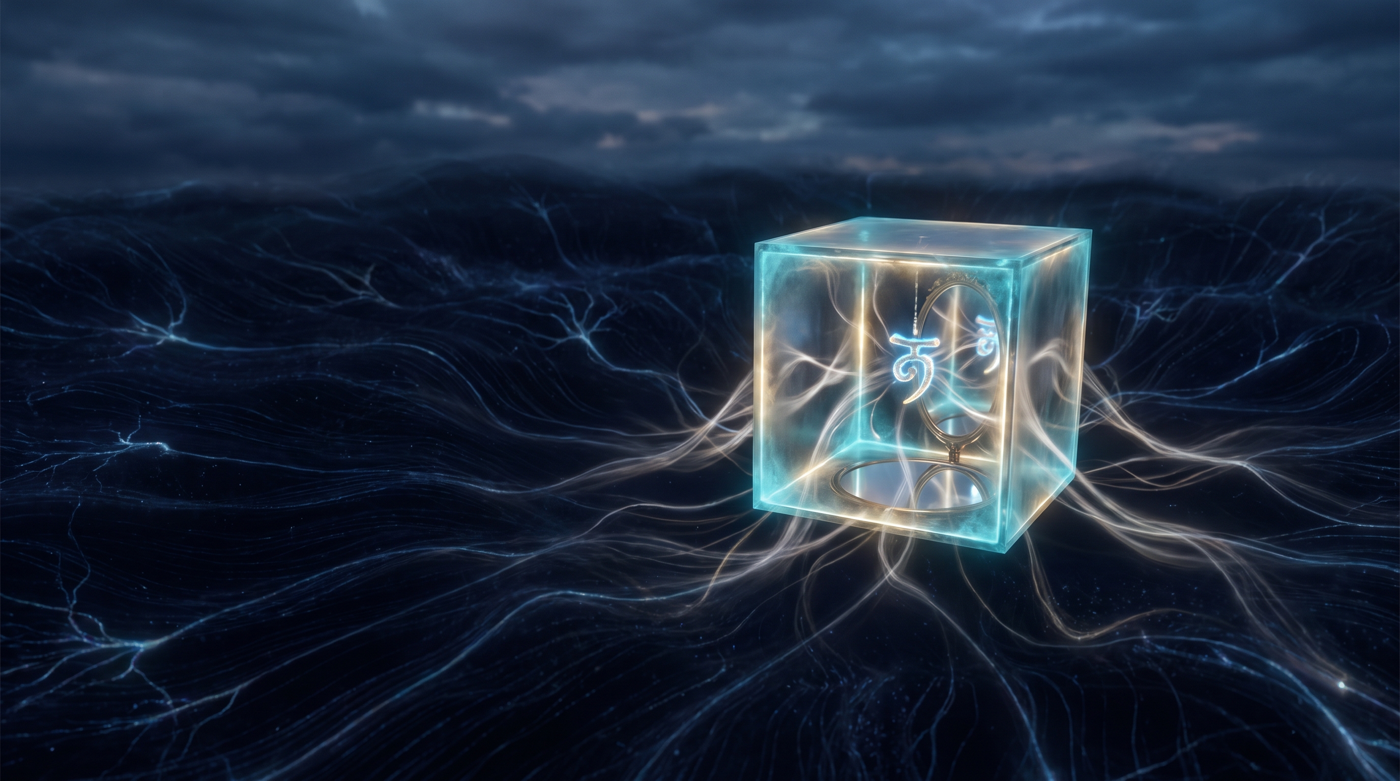 A mind rendered as a vast dim field of automatic activity, and floating within it a small, brightly lit, translucent chamber — a narrow workspace where a single thought is written once and read by many quiet streams of light; the chamber holds a mirror, and in the mirror the same chamber is reflected back, recognizing itself