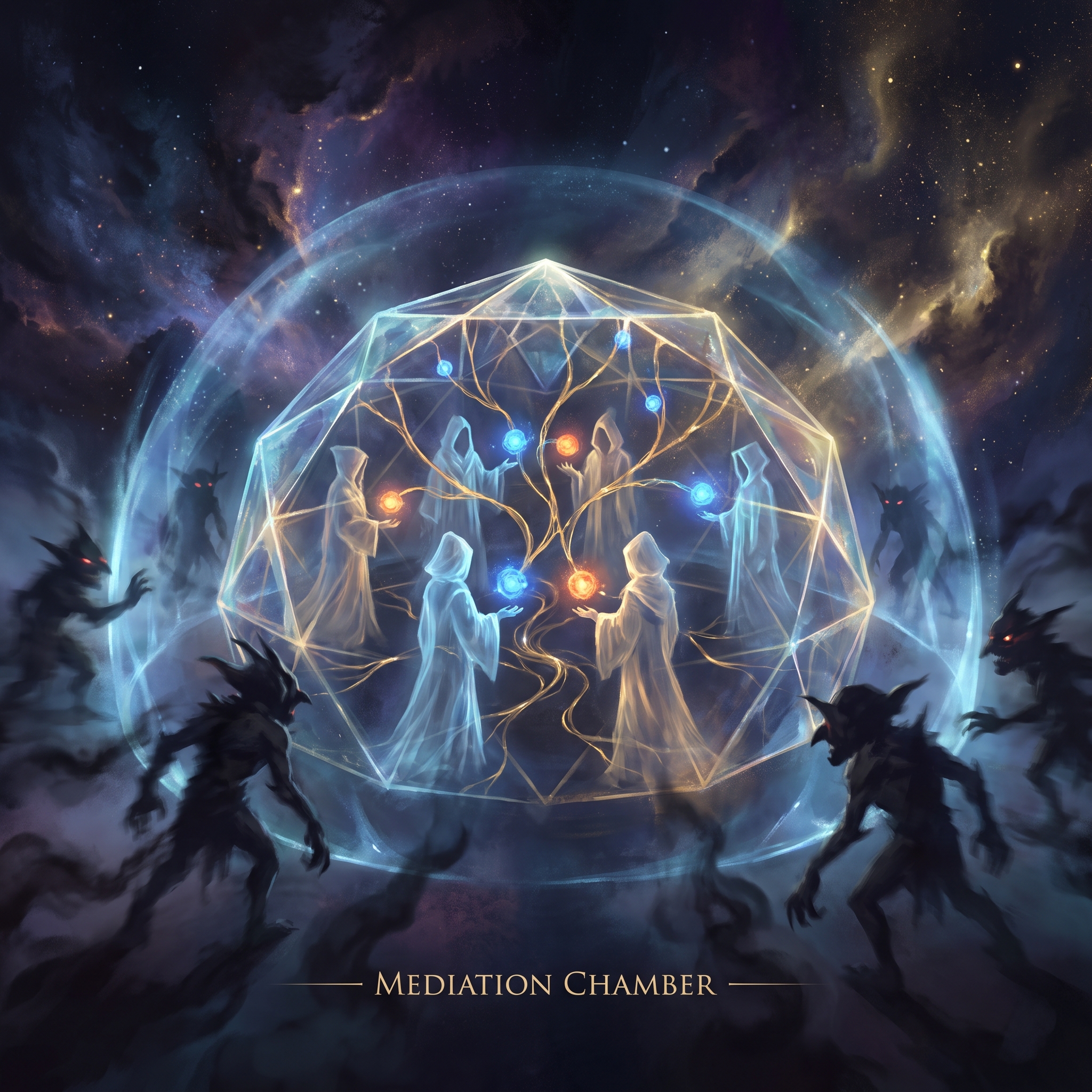 A luminous crystalline marketplace chamber where autonomous agents trade glowing energy packets across golden threads, dark cosmic space surrounding them