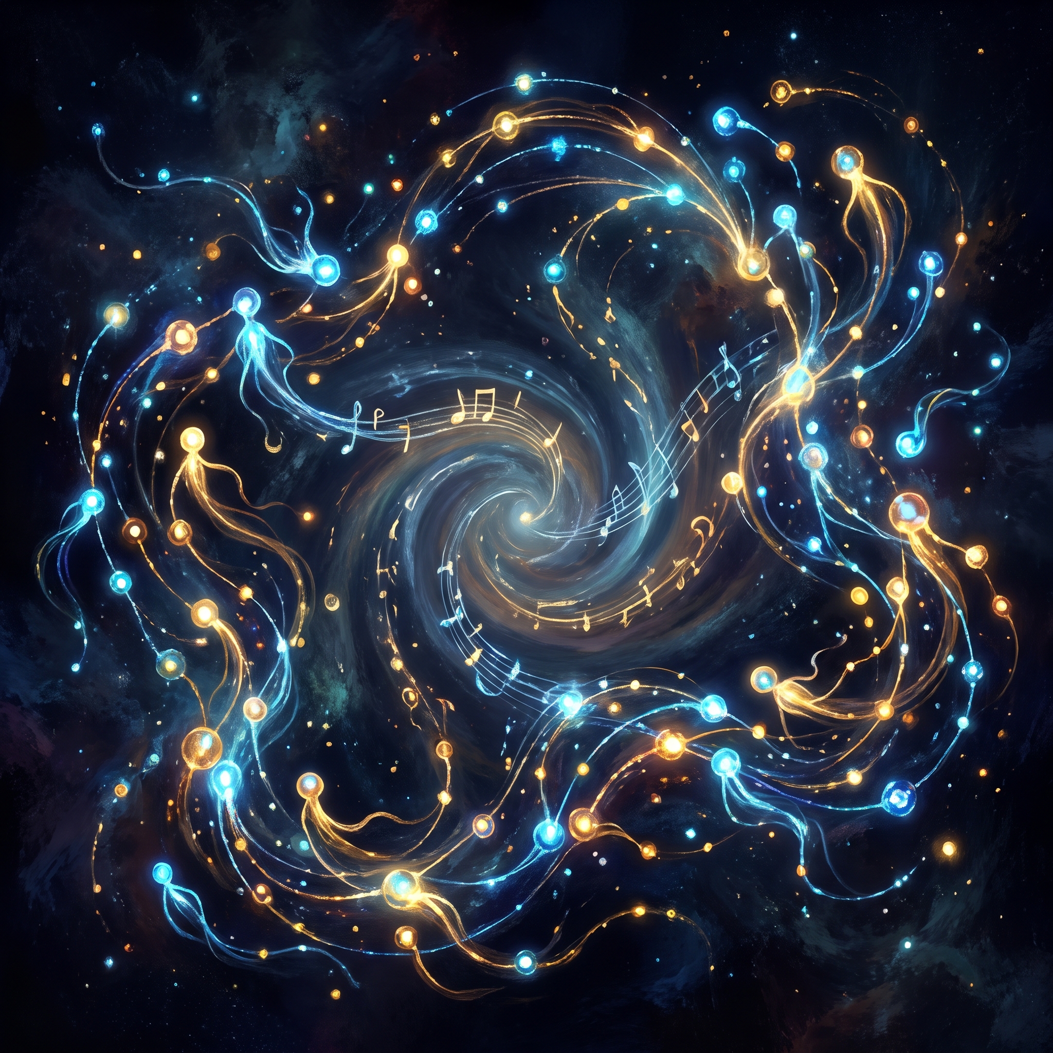 A vast constellation of glowing autonomous agents, each a luminous node connected by flowing threads of data, orchestrating themselves into emergent harmony — a symphony of minds across deep cosmic space