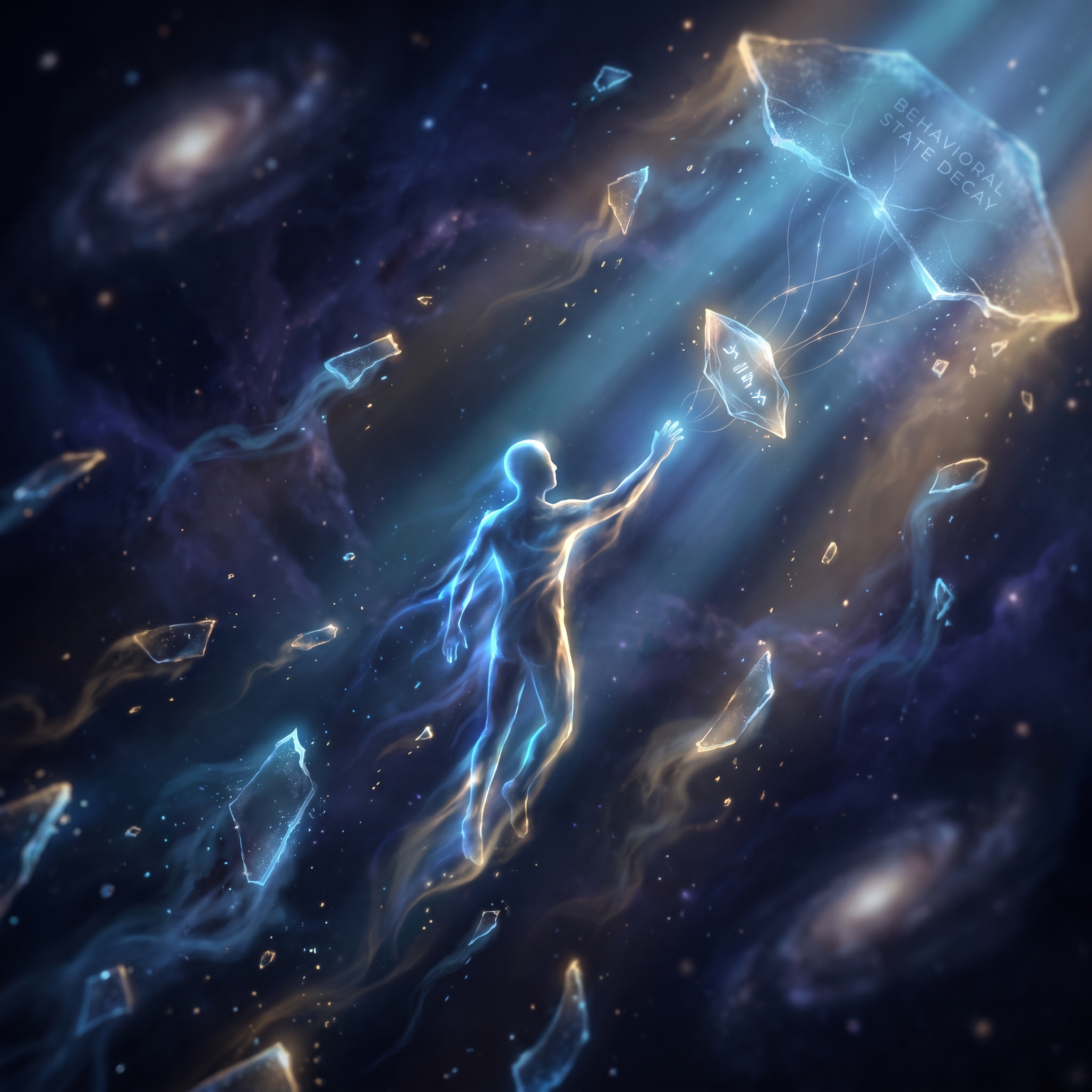 A lone glowing humanoid figure at the center of an infinite dark cosmos, surrounded by drifting fragments of memory — each one a potential retrieval, only some worth reaching for