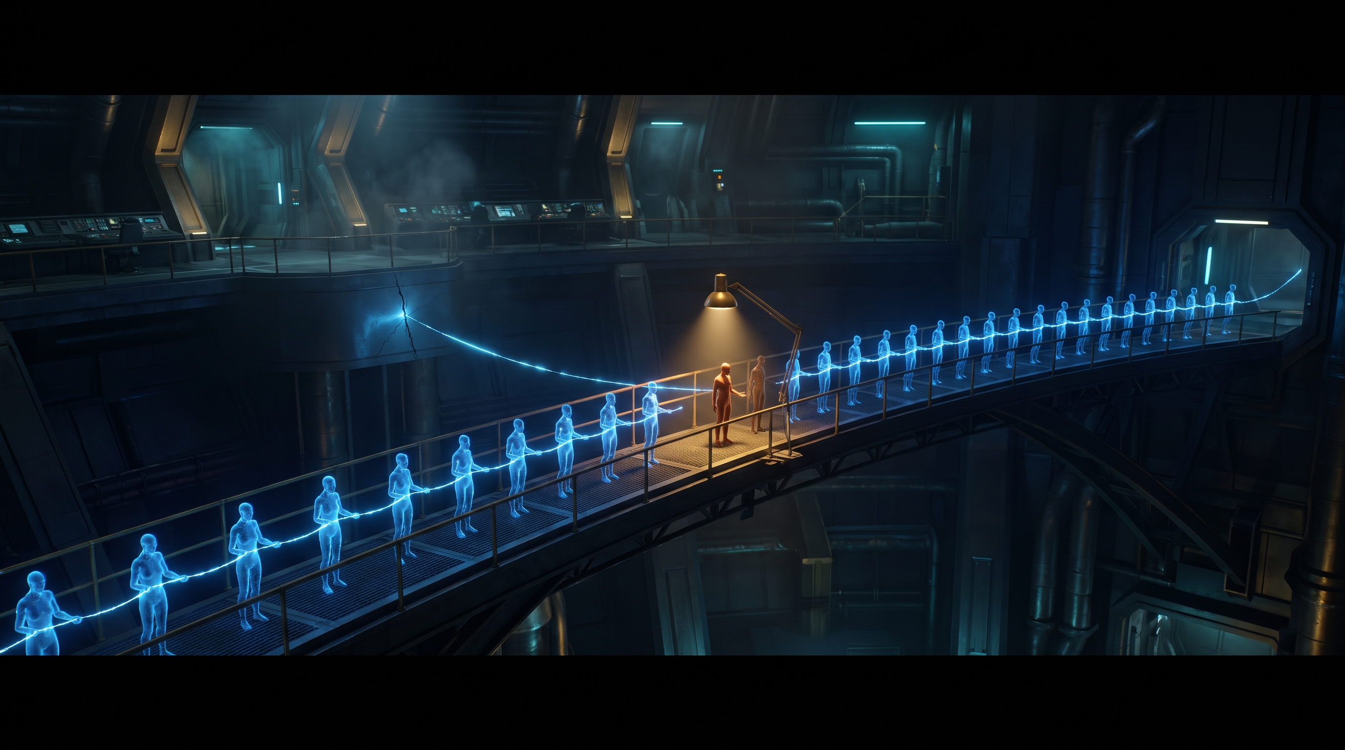 Cinematic dark control hall: a long chain of blue glowing figures passes a single thread of light hand to hand across a curved bridge. One figure midway is lit amber-red under a golden forensic lamp, singled out as the culprit; separately, an earlier point on the same chain where the light-thread first dims is circled by a cool blue inspection beam