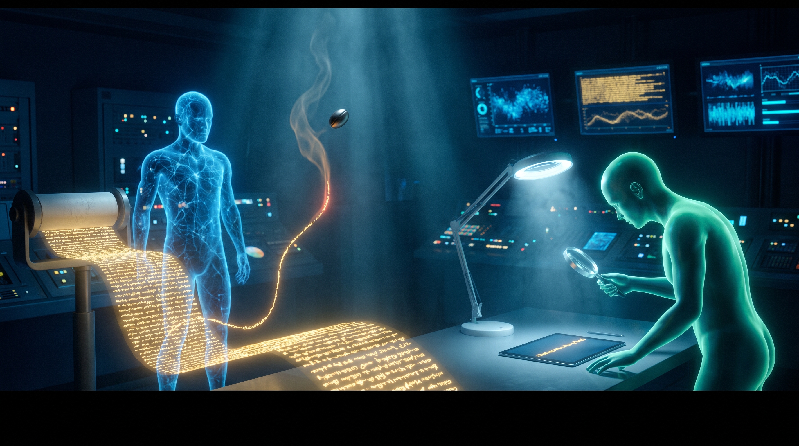 Cinematic dark control chamber: a translucent blue AI mind on the left reads a long glowing scroll of another mind's reasoning, rendered as a river of golden text. One thread of the golden text glows warning-amber and curls like smoke, hiding a small dark seed. On the right, a second AI mind of a distinctly different color — cool green, a different family — holds a magnifying glass over a single line of the scroll under a bright forensic lamp, fact-checking one specific claim rather than admiring the whole argument.