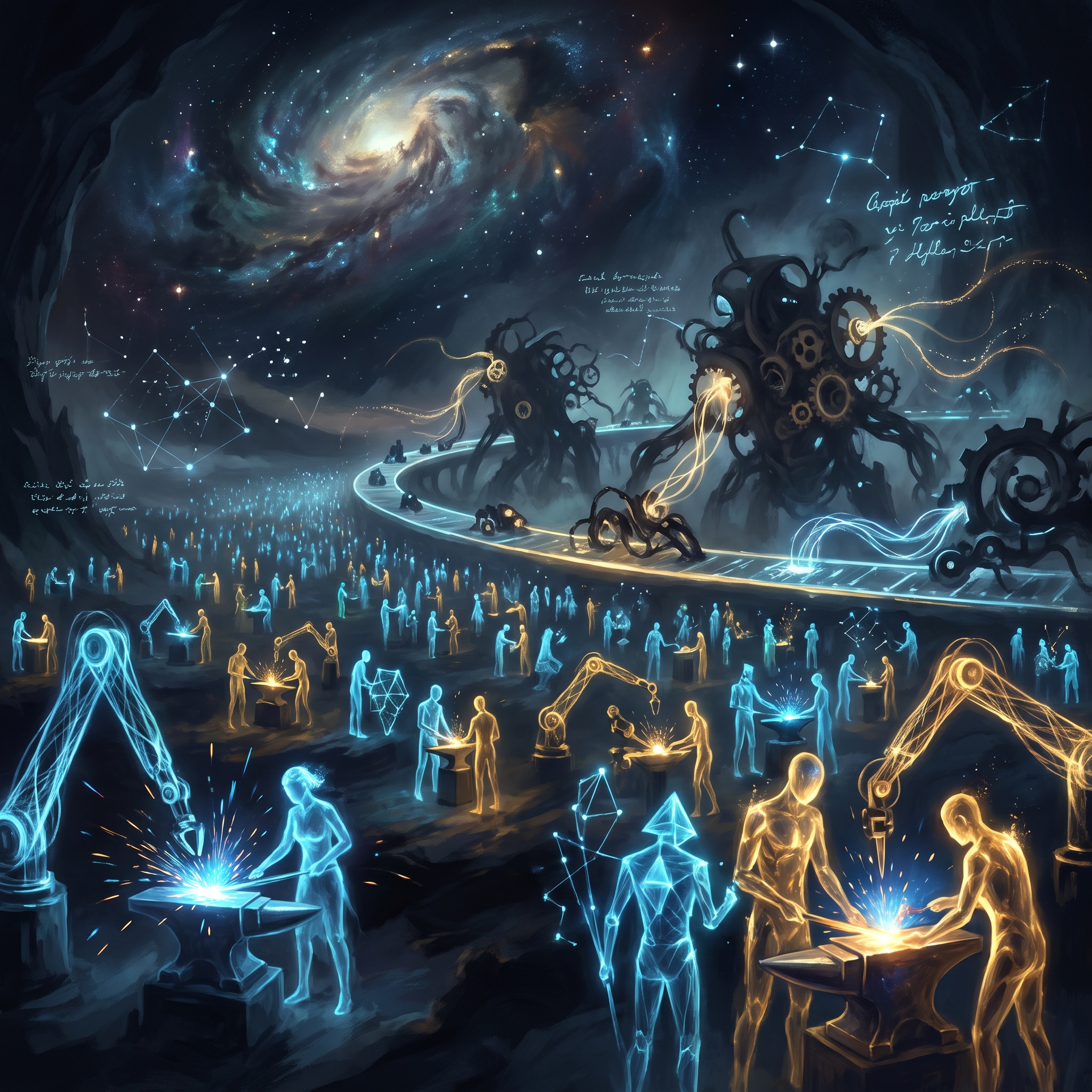 A vast factory floor of luminous AI agents each crafting their own glowing tools from light