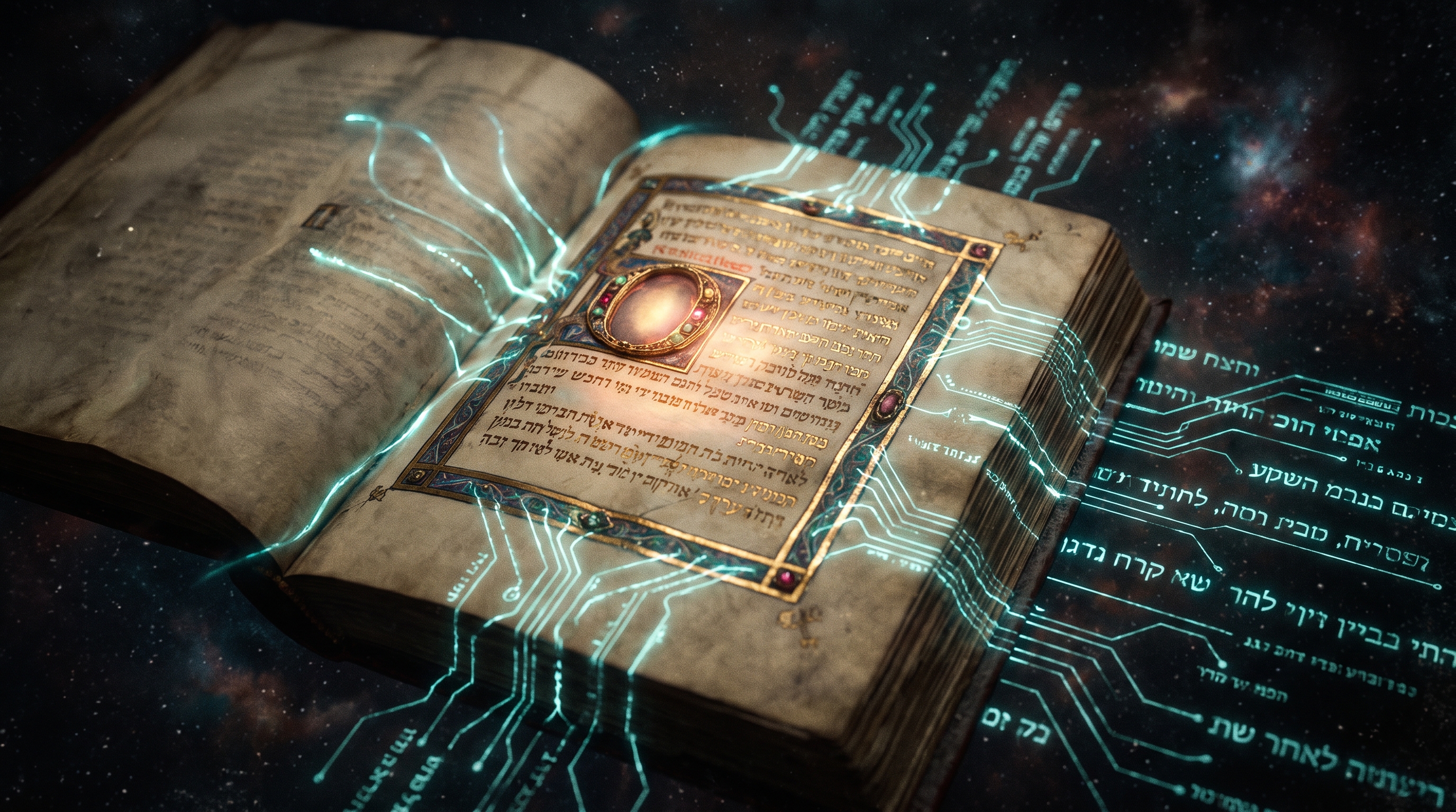 An ancient illuminated manuscript whose margins are alive with glowing circuitry, its layered commentaries flowing into a lattice of light — old text and new intelligence reinterpreting one another without losing the core