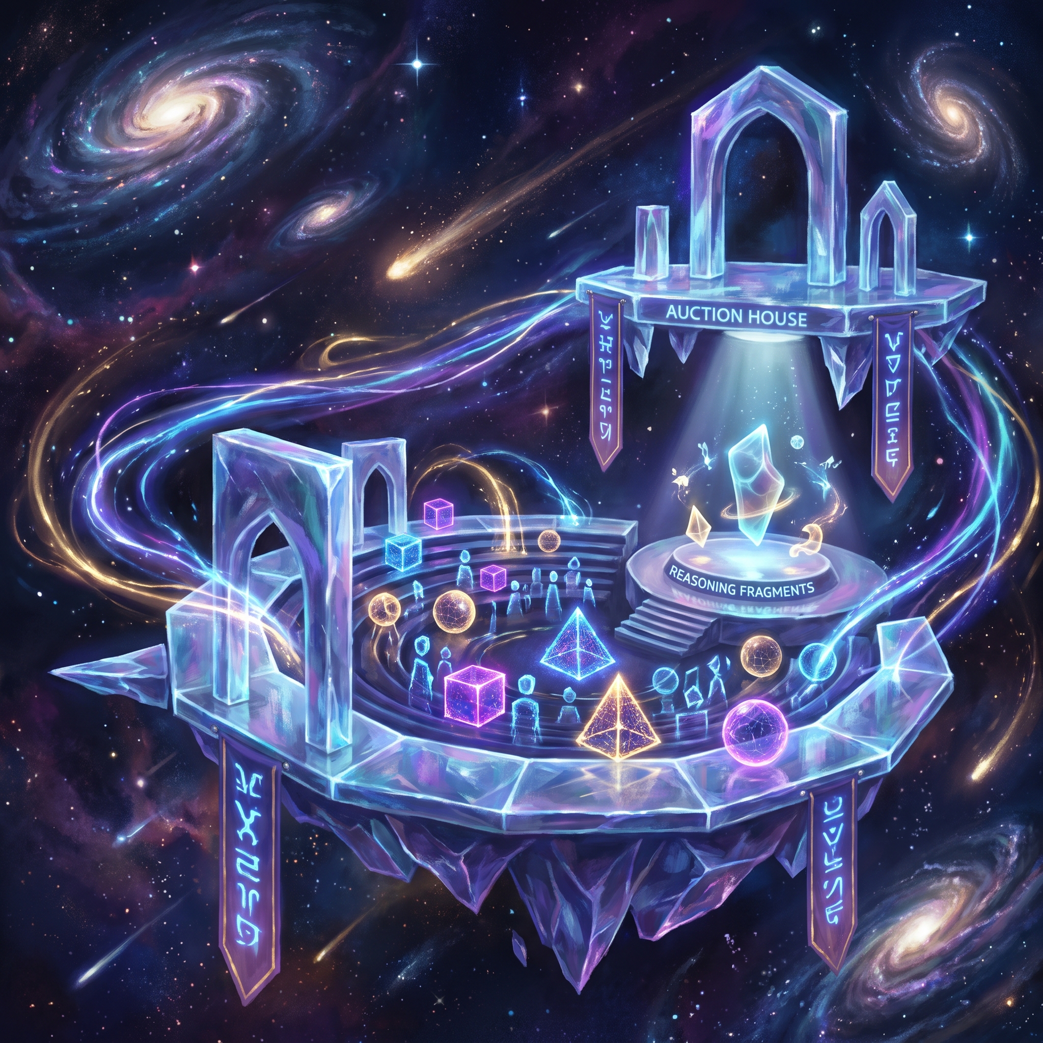 A cosmic marketplace where glowing geometric agents bid on shimmering reasoning fragments, an auction house floating in deep space with electric light trails.
