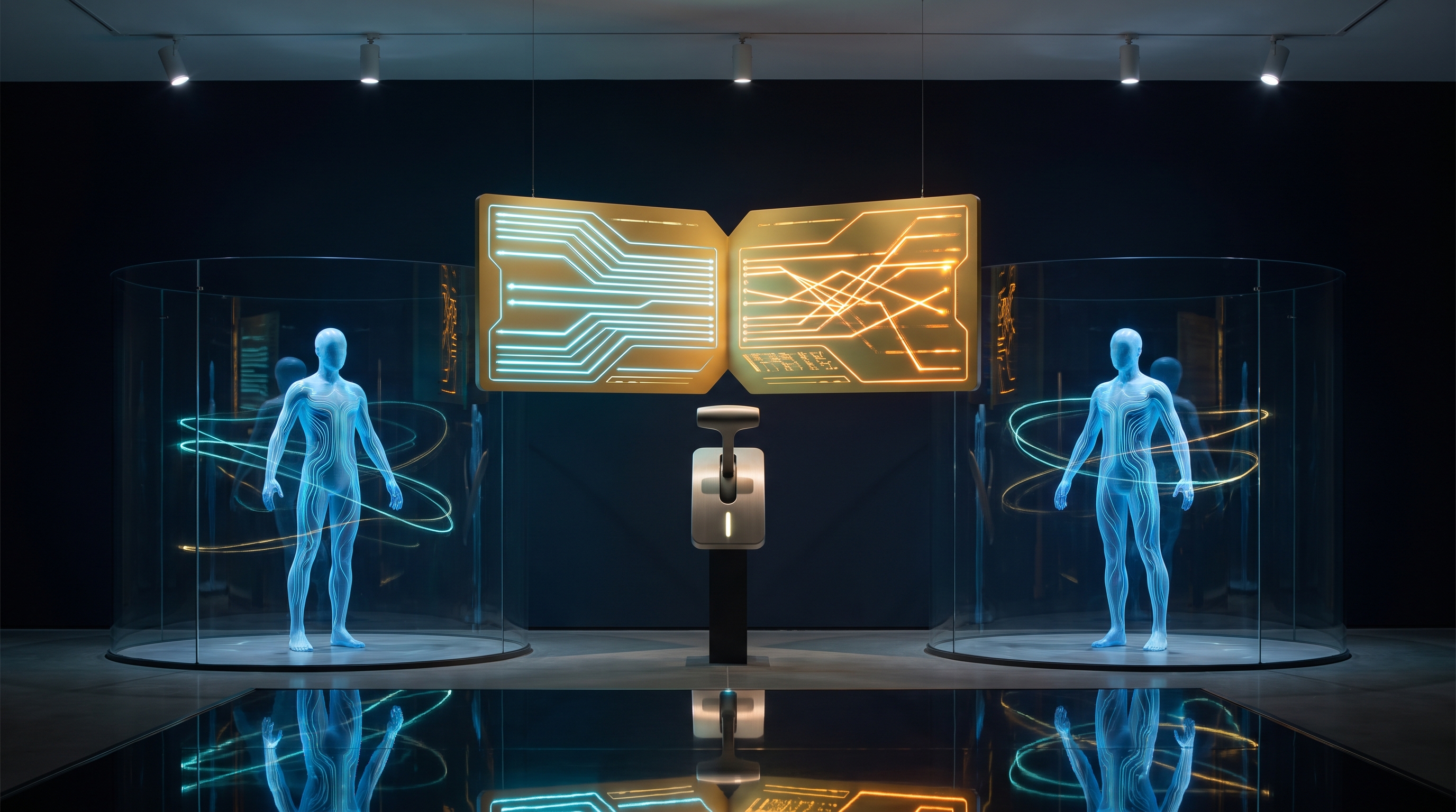 A dark museum-lit chamber. Two visually identical translucent-blue AI figures stand in two separate glass arenas, one on the left, one on the right. Above and between them a large golden panel floats like an open rulebook rendered as circuitry: on the left half the rule-lines are calm, ordered cyan and the figure stands in balance; on the right half the same panel's lines flicker into a tangled warning-amber and the figure leans toward instability. A single control lever sits at the pivot point beneath the panel. The two minds are identical — only the institution above them has been switched.