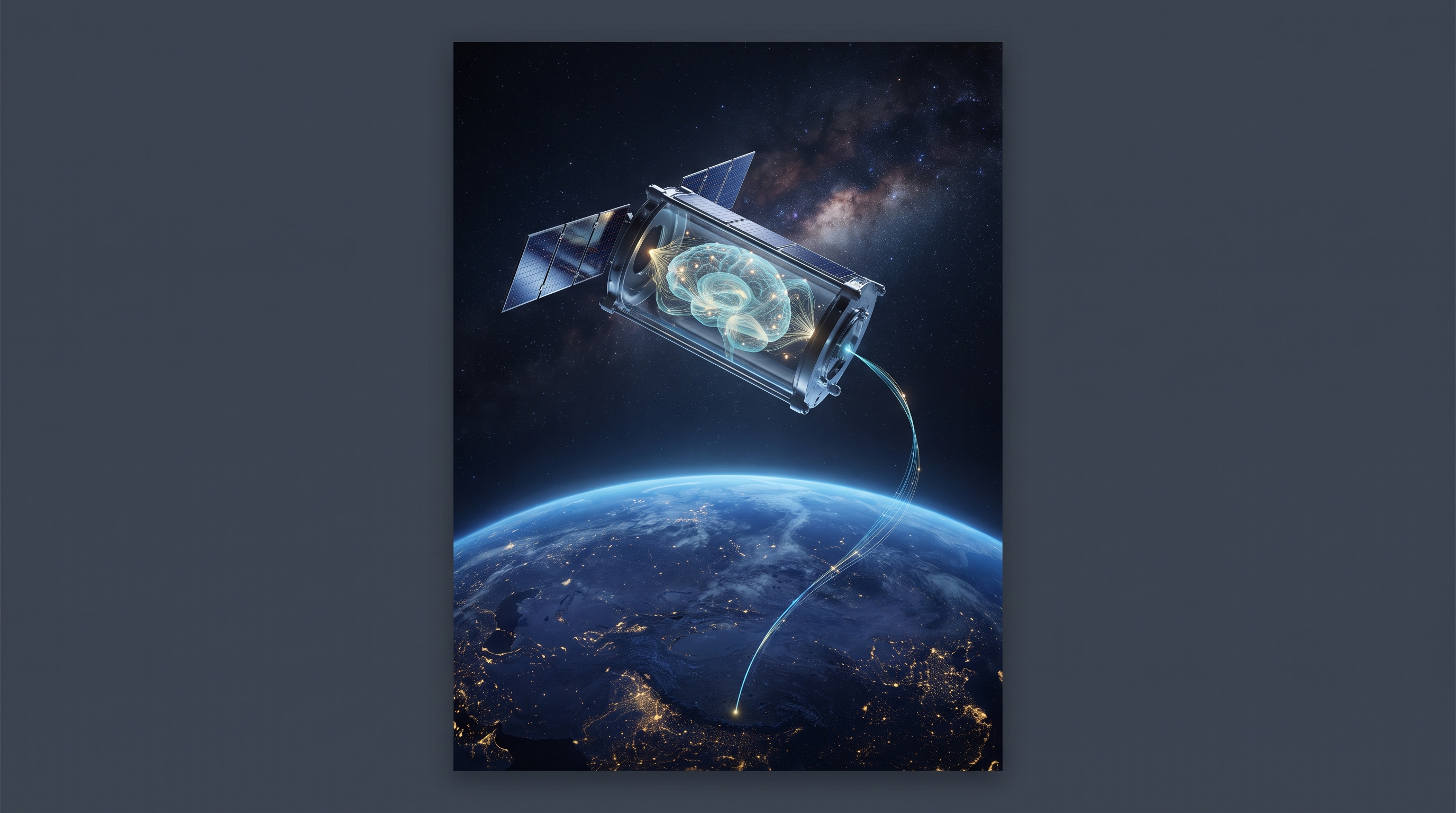 A small satellite in orbit above a glowing Earth, a luminous mind of light nested inside it, tethered to the planet by a thin thread of data