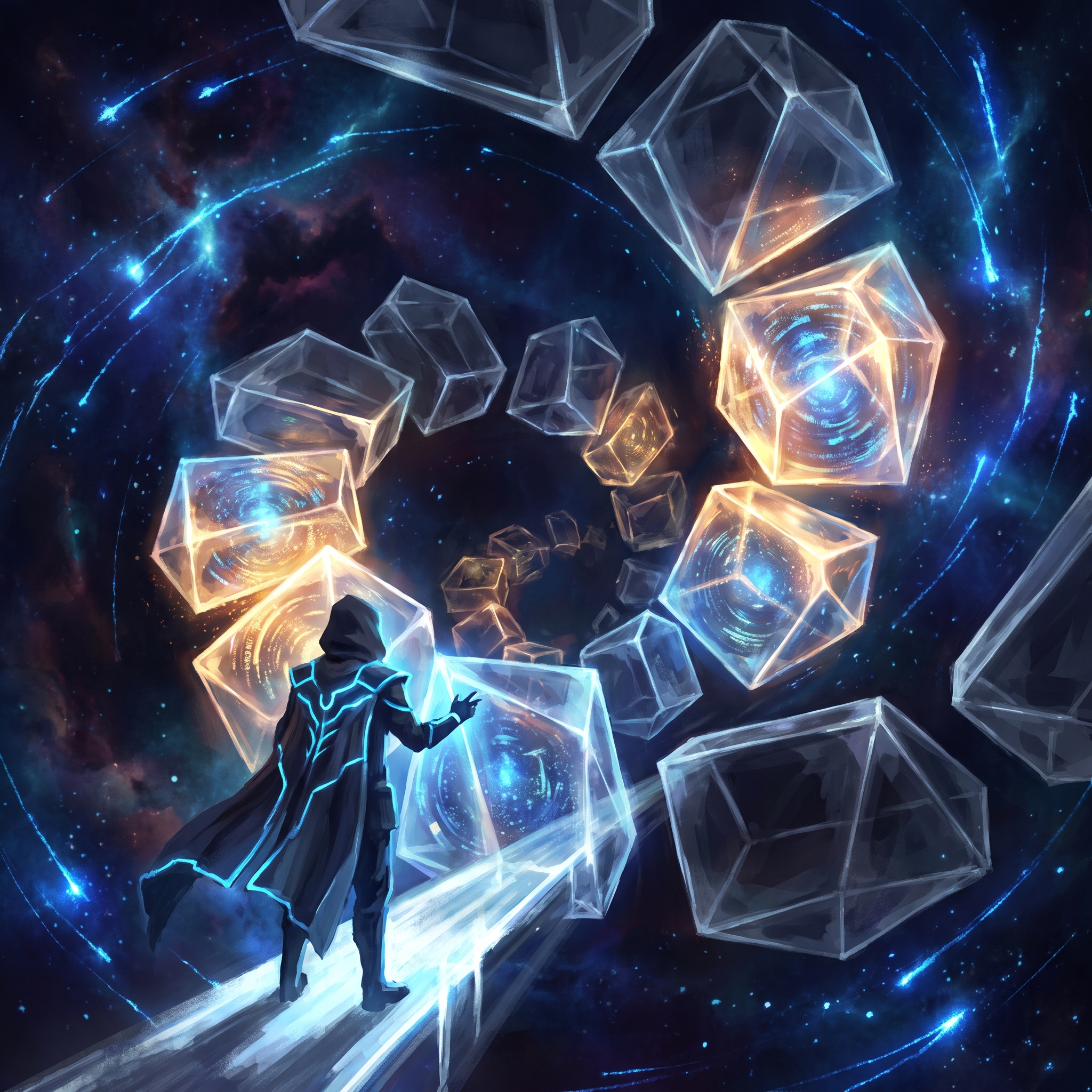 A vast library of glowing crystal memory chambers floating in cosmic space, some selectively lit with retained knowledge, others dark but clean.
