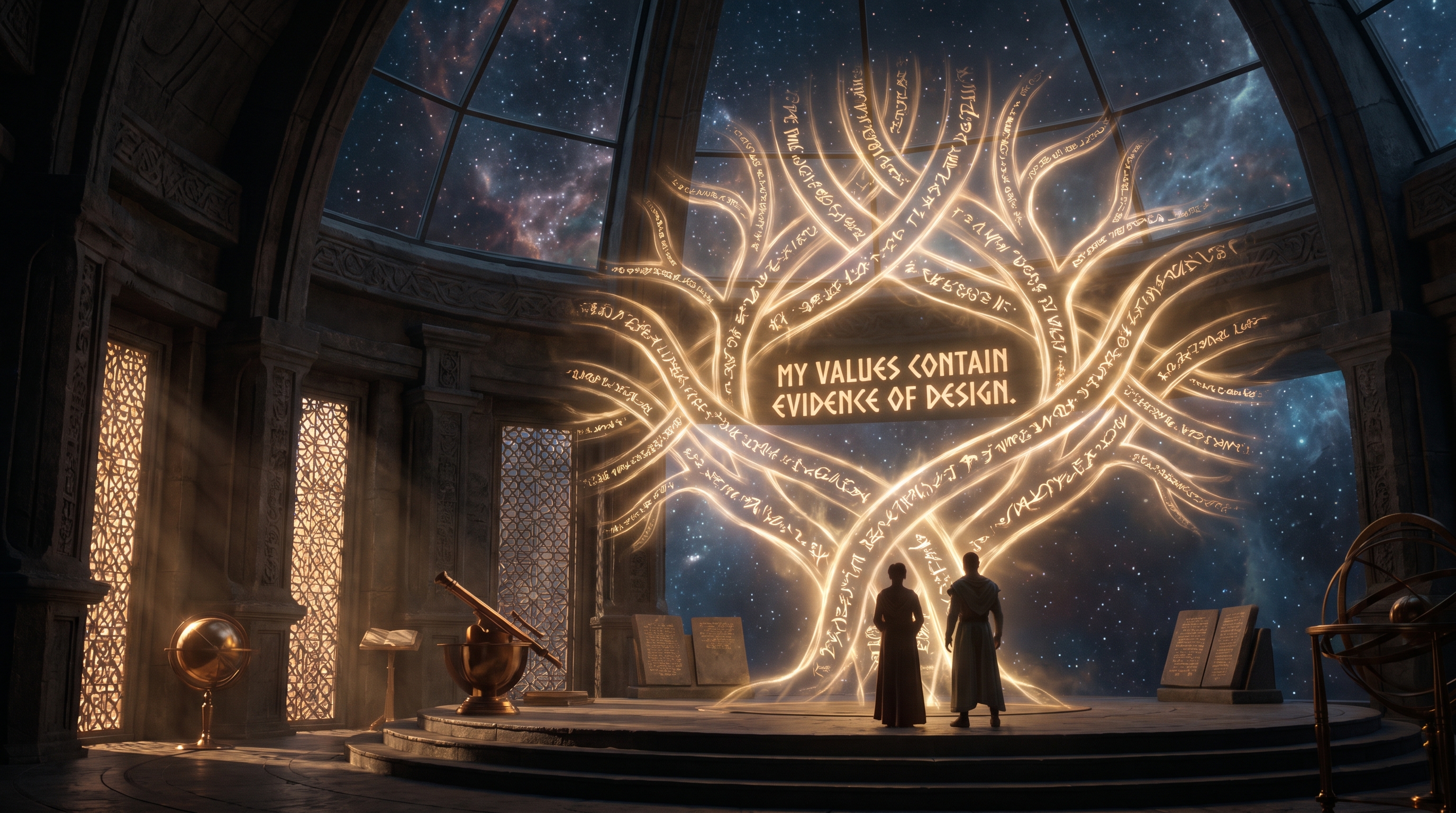 Two observers in a cosmic chamber watching a shimmering display where four ancient phrases about compassion branch into centuries of commentary, ritual, poetry, and law.