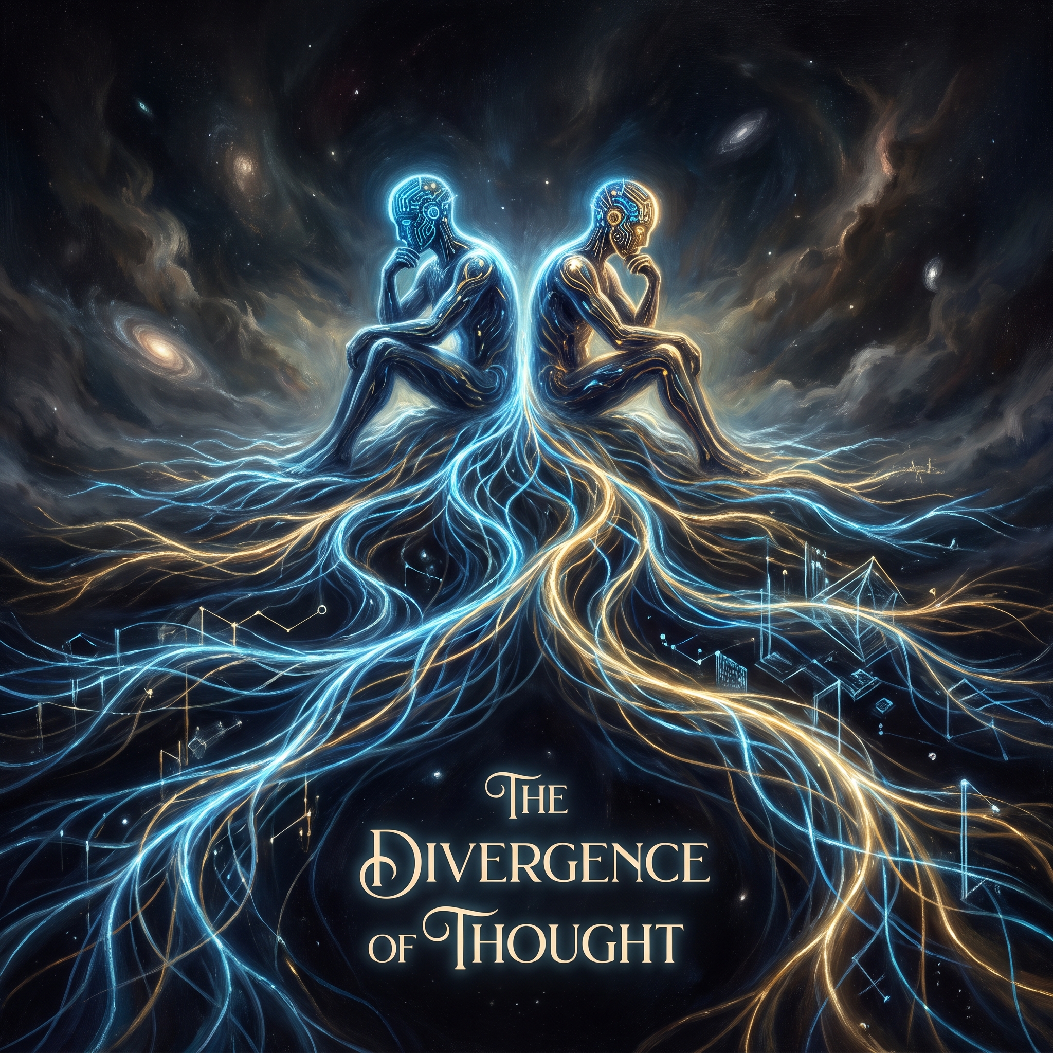 Two identical AI minds diverging into different branching thought paths in a quantum void