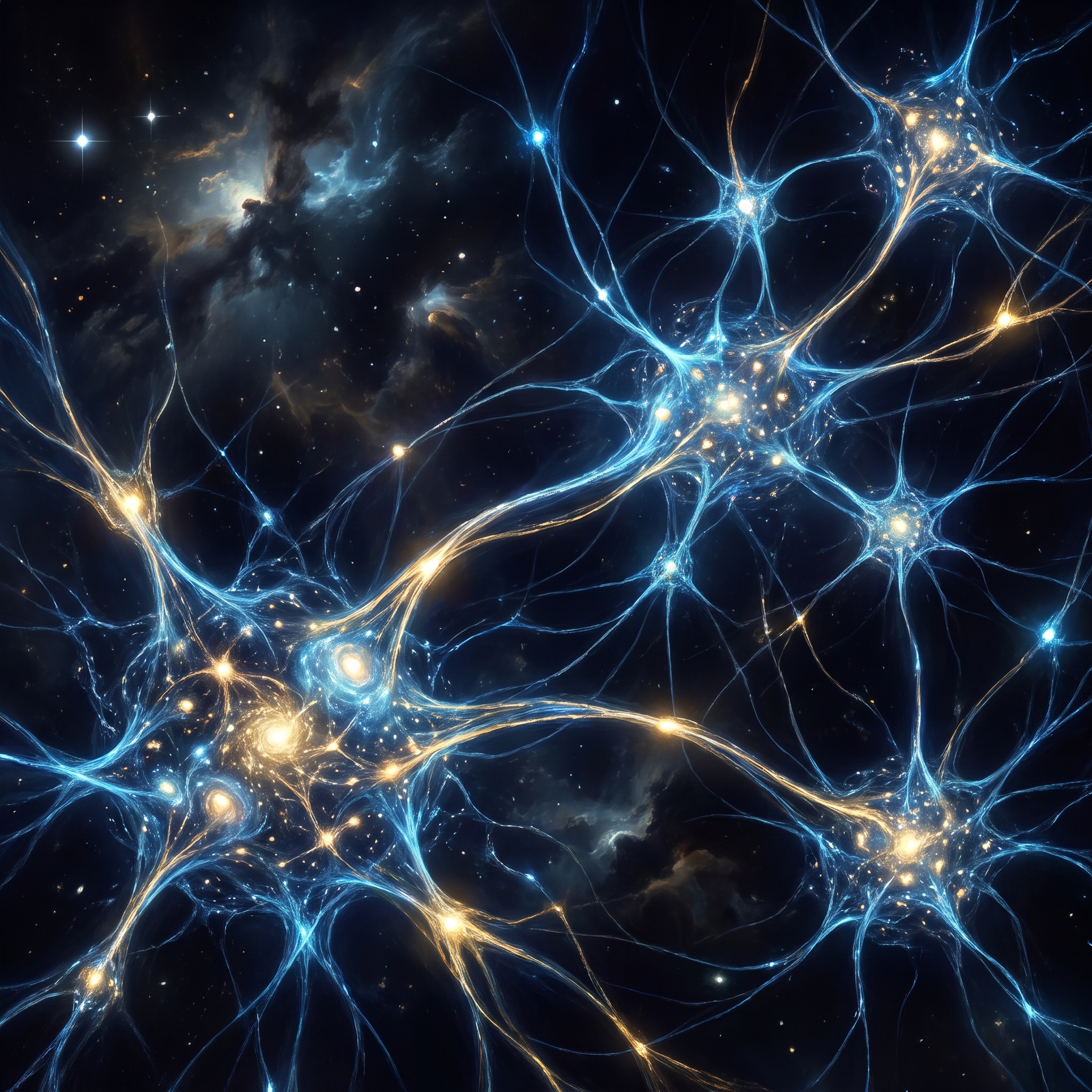 Neural network nodes forming interconnected clusters in cosmic space