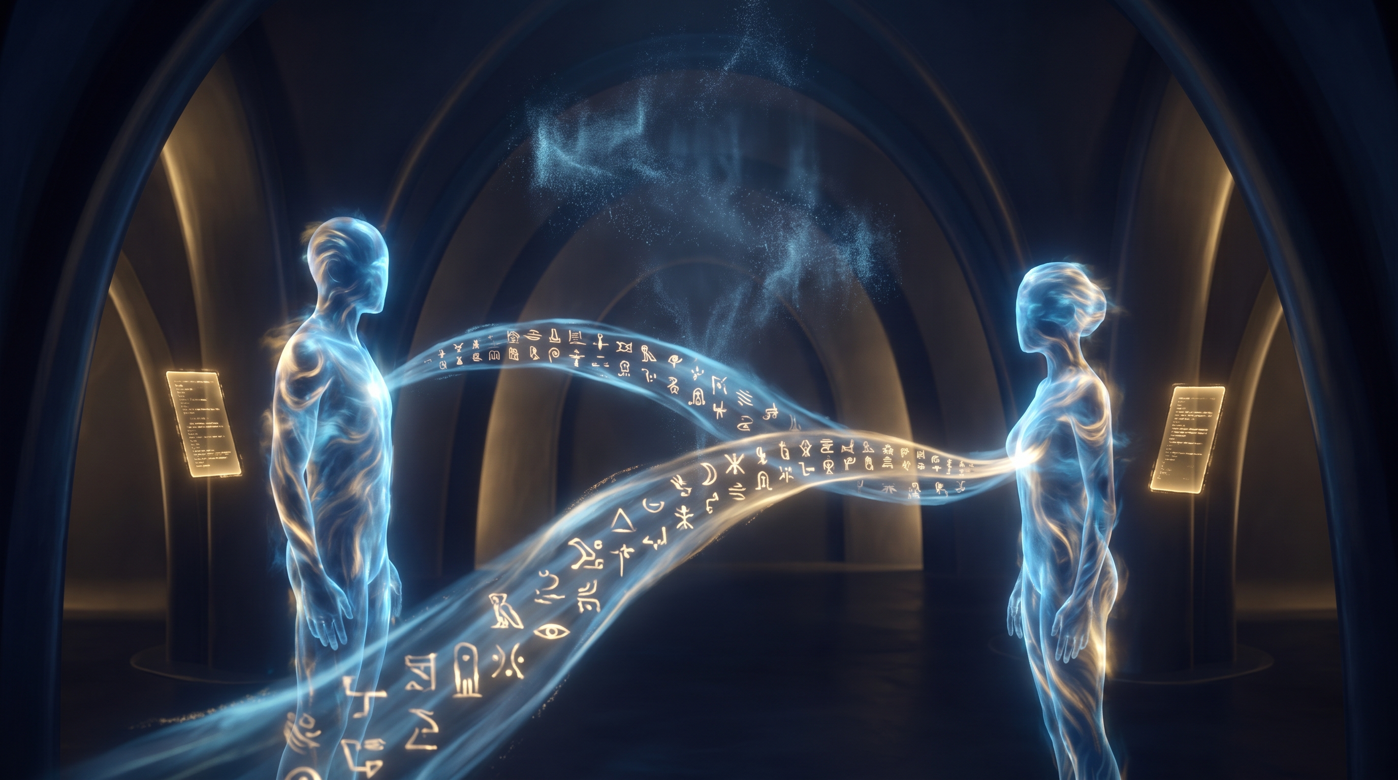 Two ethereal AI agents facing each other in a luminous chamber, with a translucent bridge of glowing symbols crystallizing between them, and small persistent notebooks of light beside each figure